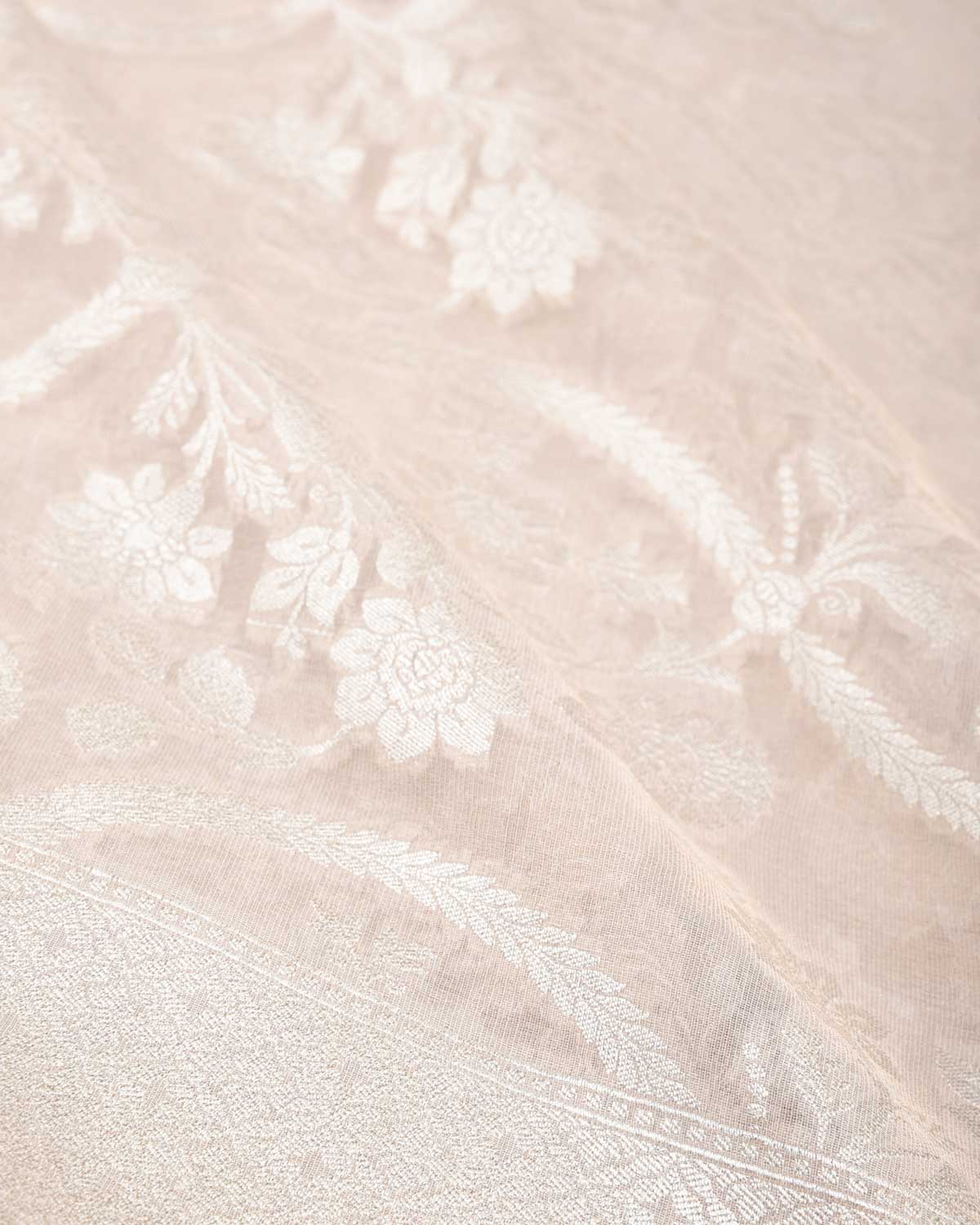Beige Silver Zari Jaal Cutwork Brocade Handwoven Georgette Tissue Banarasi Saree-HolyWeaves