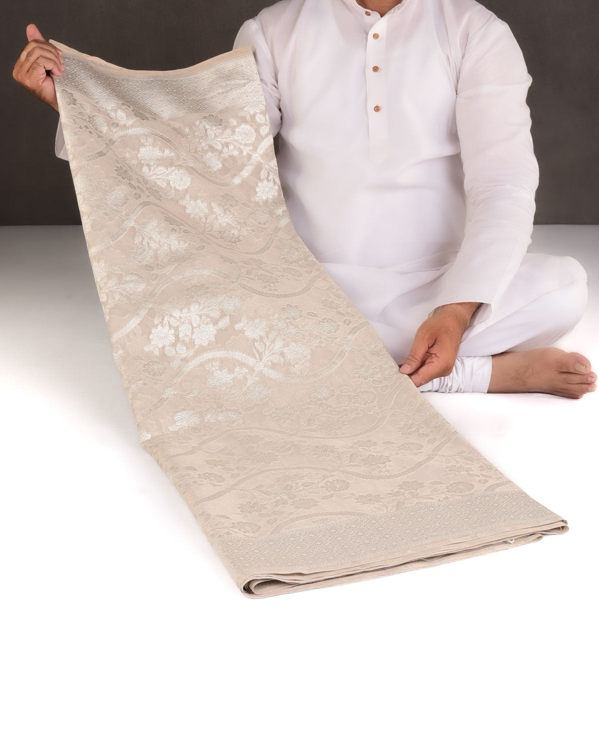 Beige Silver Zari Jaal Cutwork Brocade Handwoven Georgette Tissue Banarasi Saree-HolyWeaves