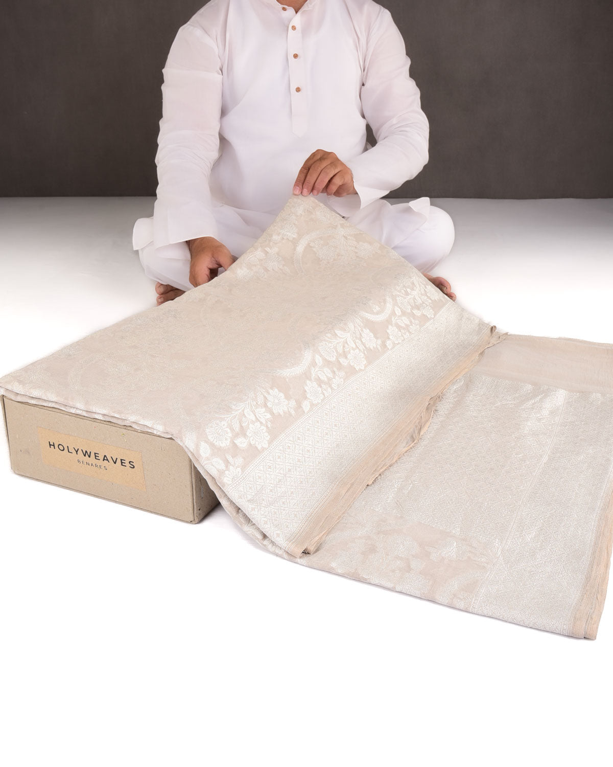 Beige Silver Zari Jaal Cutwork Brocade Handwoven Georgette Tissue Banarasi Saree-HolyWeaves