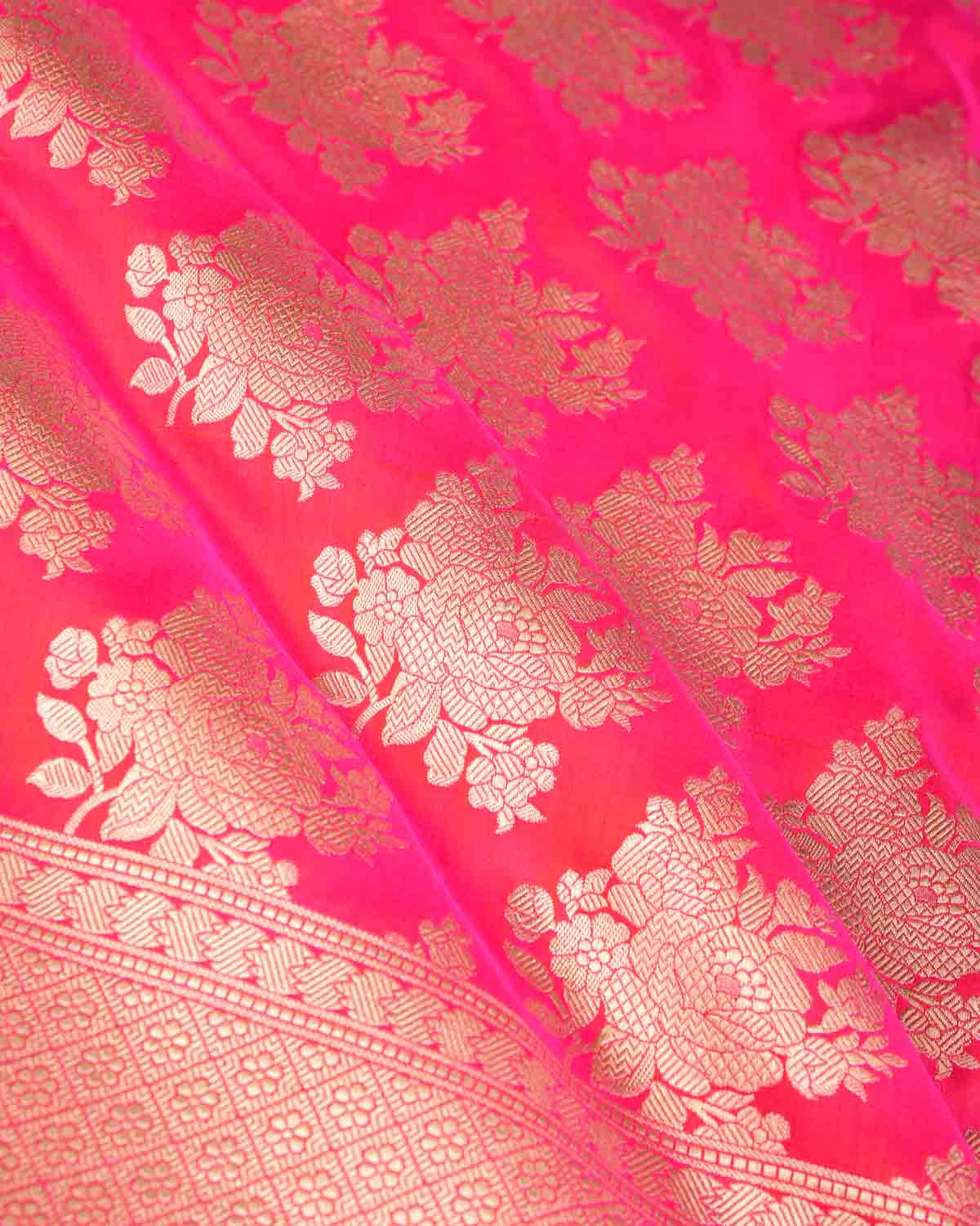 Shot Pink Gold Zari Gulab Buta Cutwork Brocade Handwoven Katan Silk Banarasi Saree-HolyWeaves