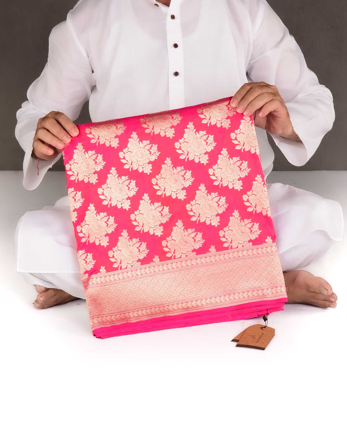 Shot Pink Gold Zari Gulab Buta Cutwork Brocade Handwoven Katan Silk Banarasi Saree-HolyWeaves