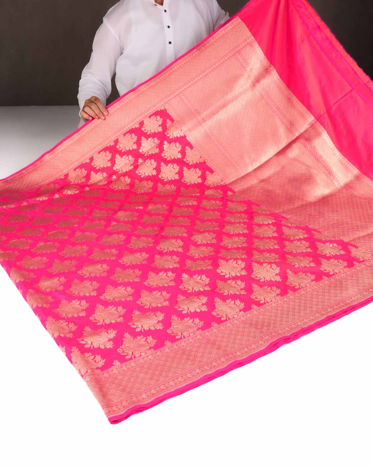 Shot Pink Gold Zari Gulab Buta Cutwork Brocade Handwoven Katan Silk Banarasi Saree-HolyWeaves