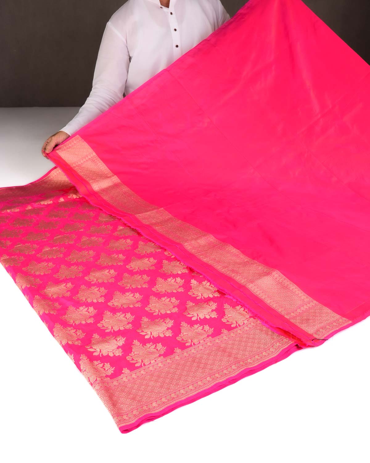 Shot Pink Gold Zari Gulab Buta Cutwork Brocade Handwoven Katan Silk Banarasi Saree-HolyWeaves