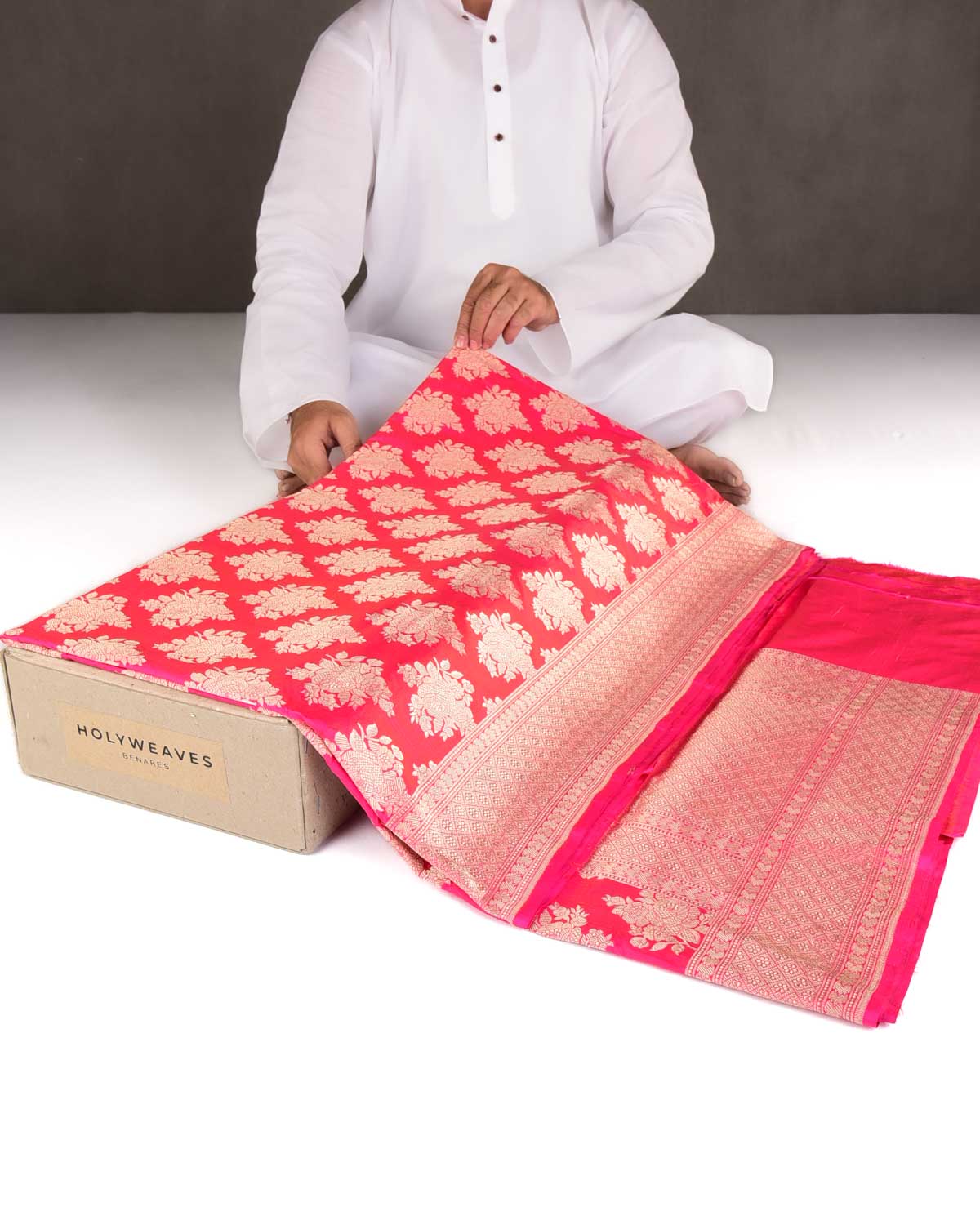 Shot Pink Gold Zari Gulab Buta Cutwork Brocade Handwoven Katan Silk Banarasi Saree-HolyWeaves