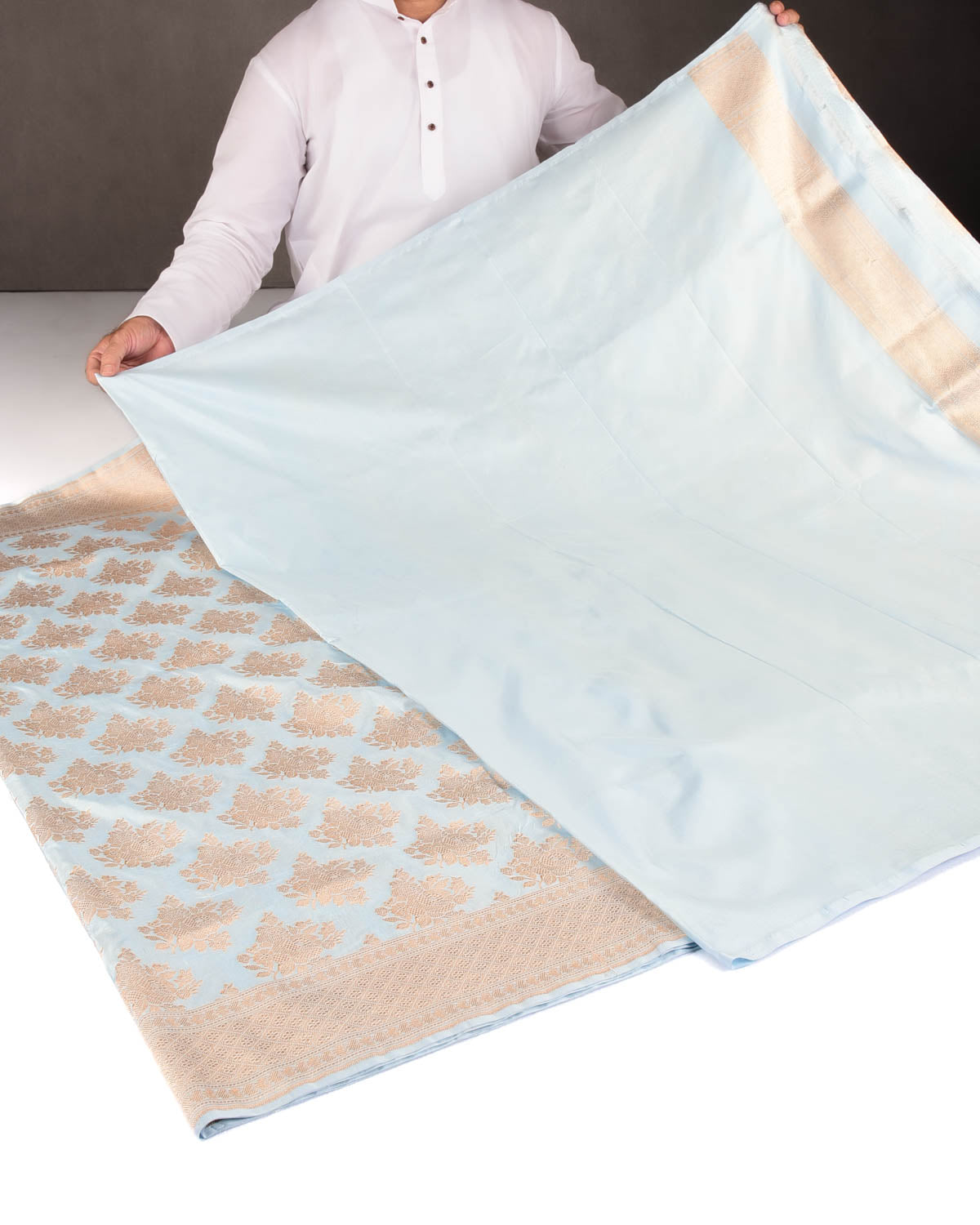 Powder Blue Gold Zari Gulab Buta Cutwork Brocade Handwoven Katan Silk Banarasi Saree