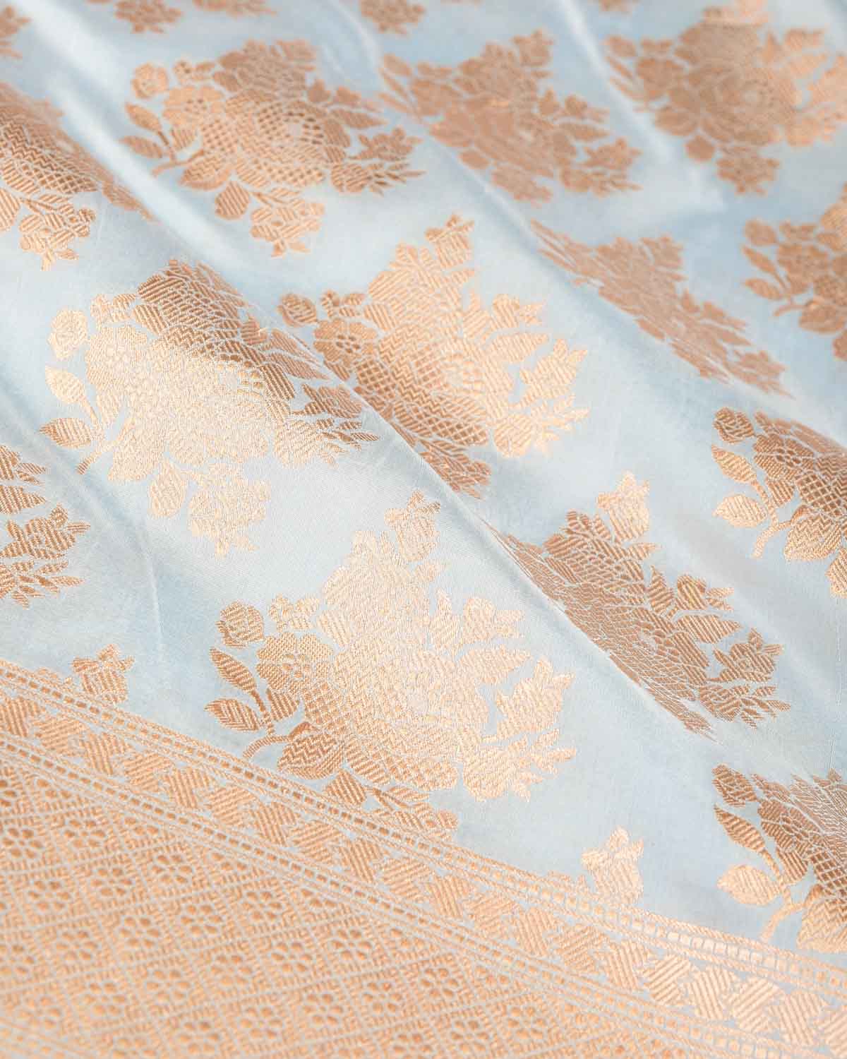 Powder Blue Gold Zari Gulab Buta Cutwork Brocade Handwoven Katan Silk Banarasi Saree