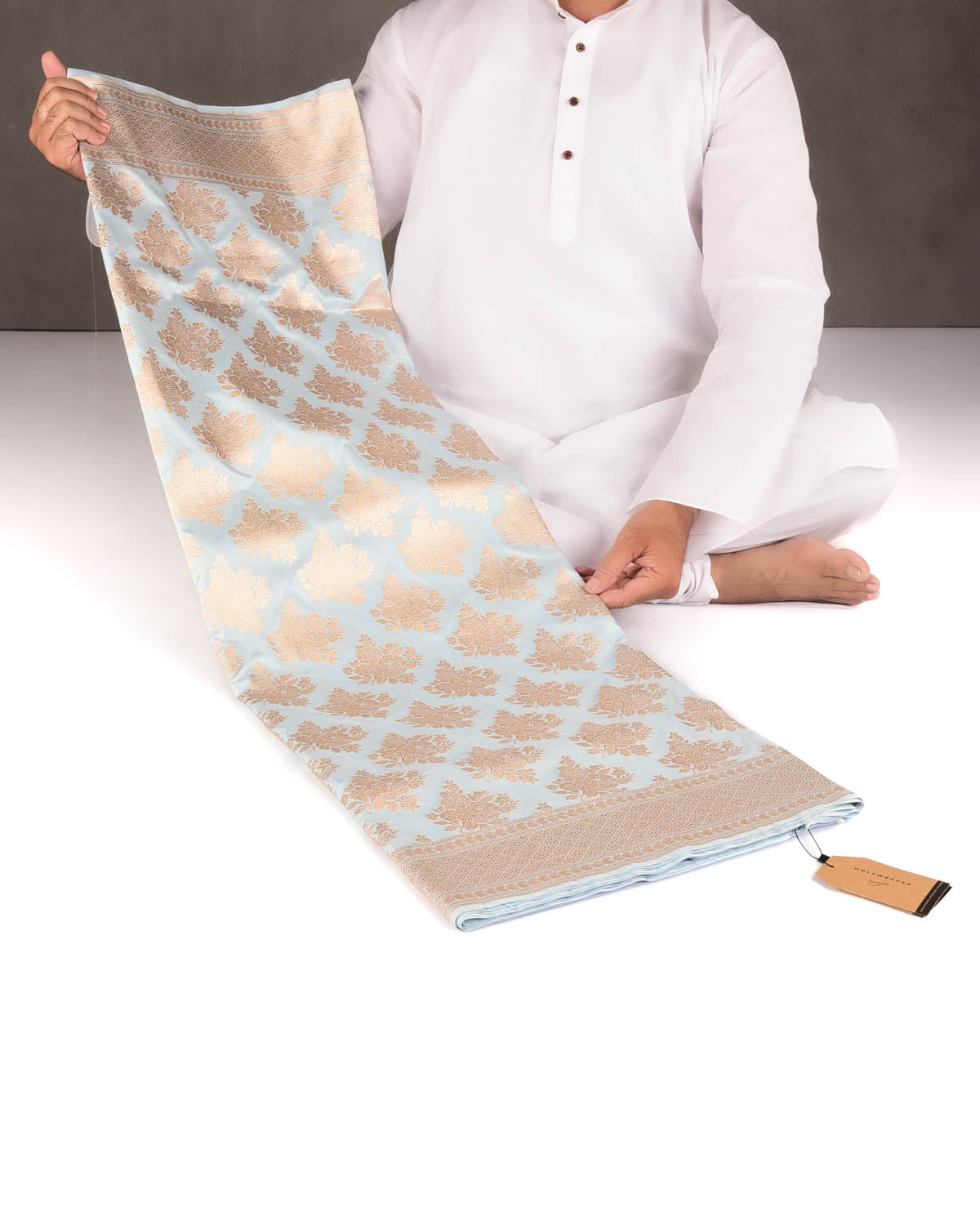 Powder Blue Gold Zari Gulab Buta Cutwork Brocade Handwoven Katan Silk Banarasi Saree