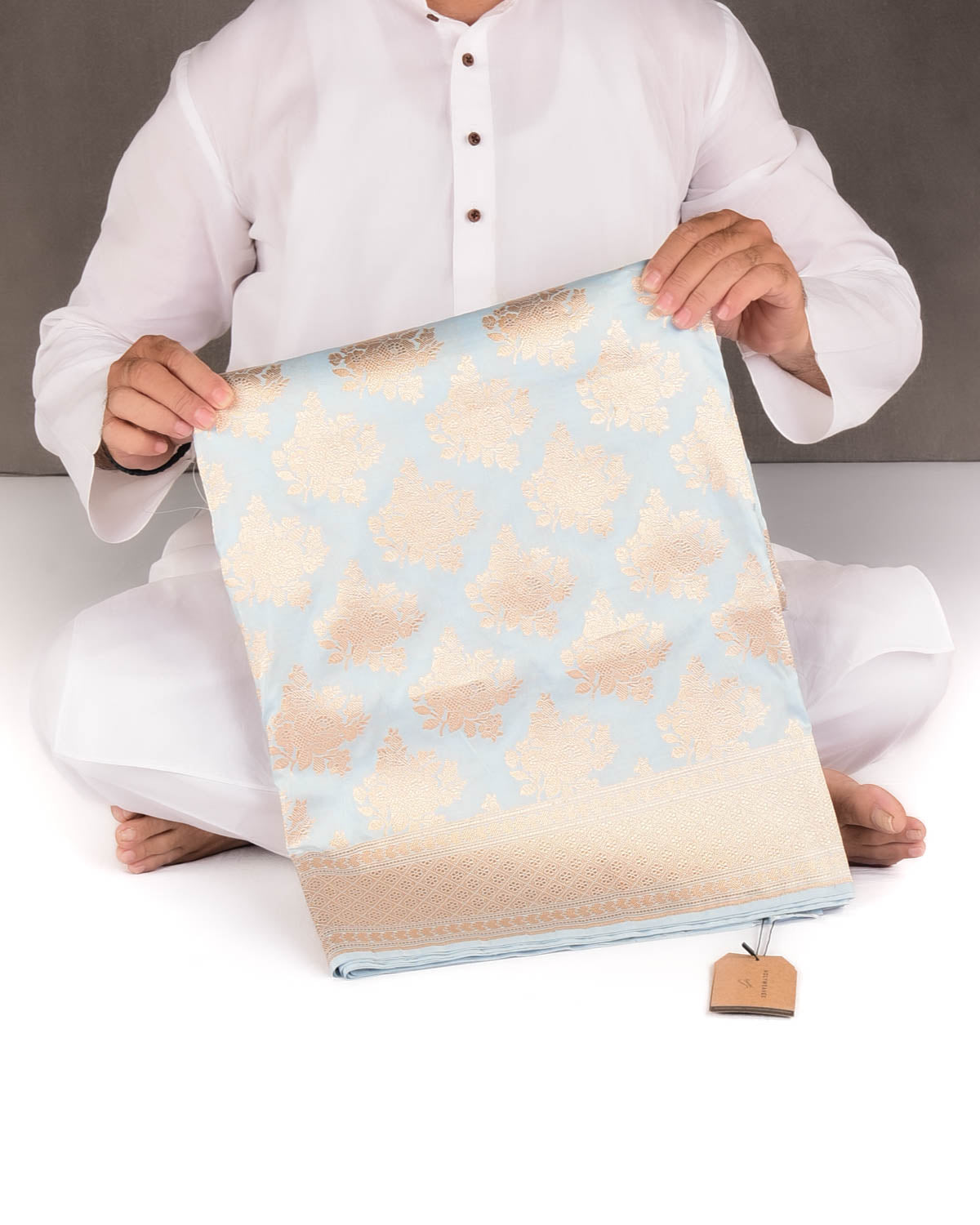 Powder Blue Gold Zari Gulab Buta Cutwork Brocade Handwoven Katan Silk Banarasi Saree