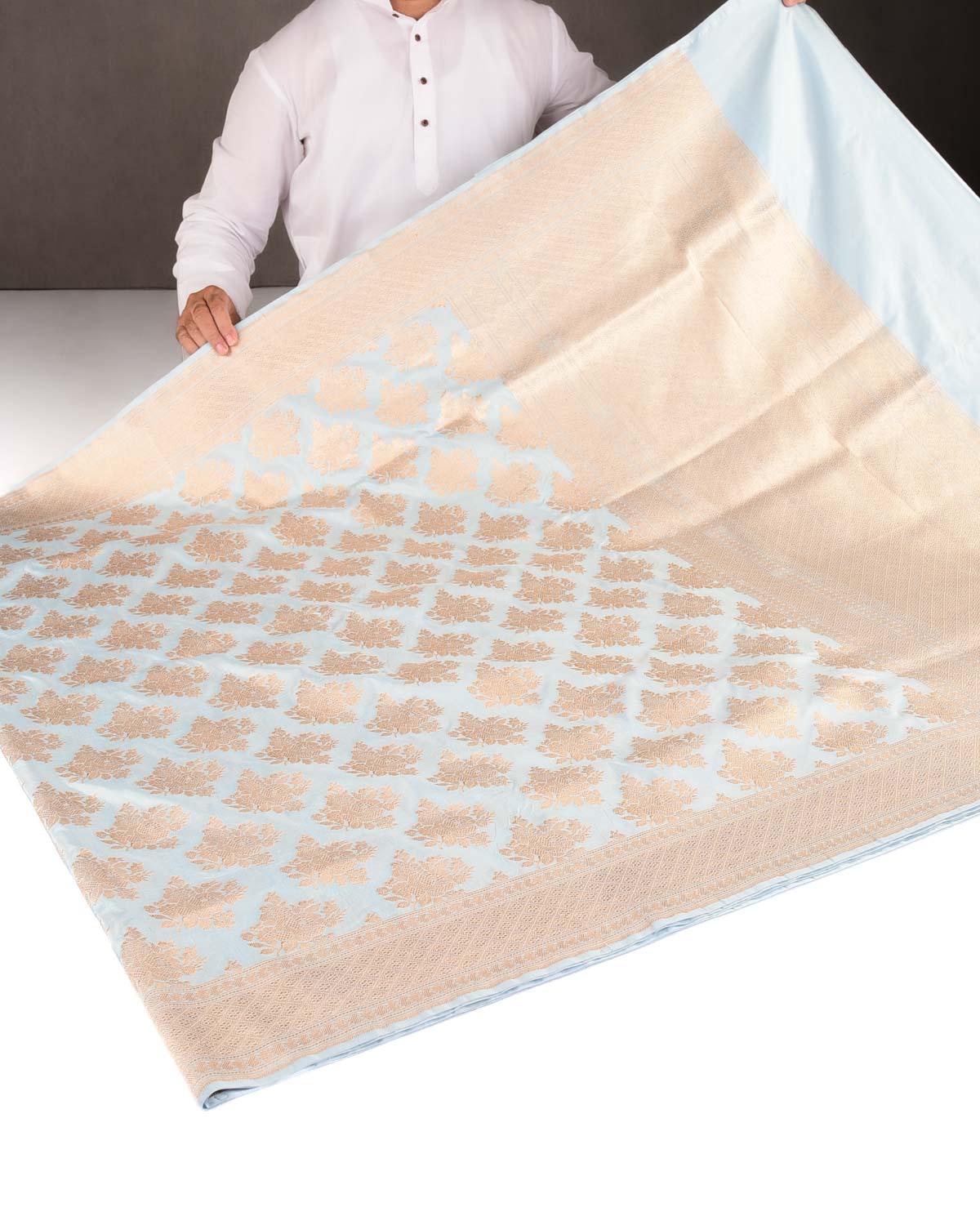 Powder Blue Gold Zari Gulab Buta Cutwork Brocade Handwoven Katan Silk Banarasi Saree