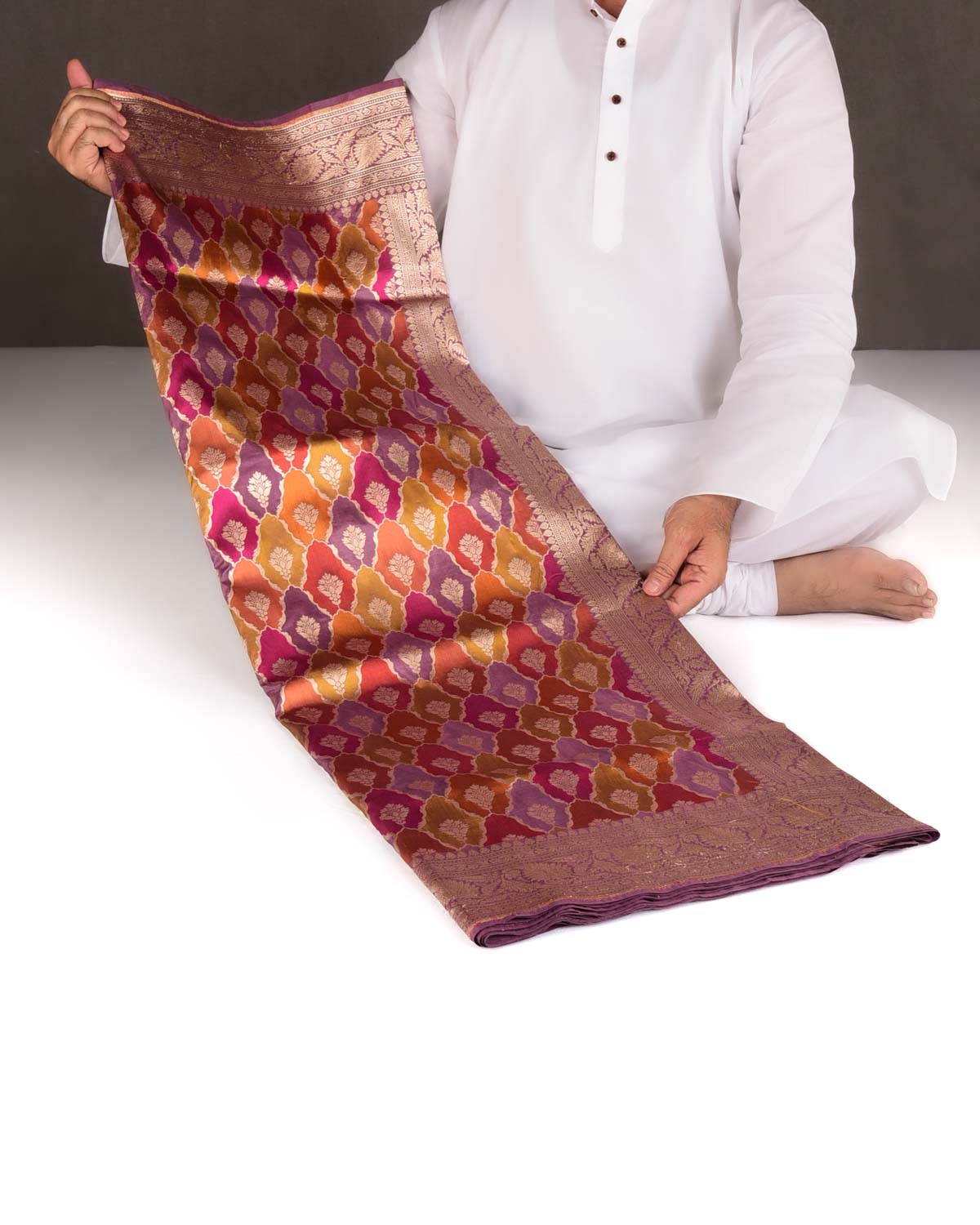 Multi-color Rangkaat-Style Cutwork Brocade Handwoven Katan Silk Banarasi Saree-HolyWeaves