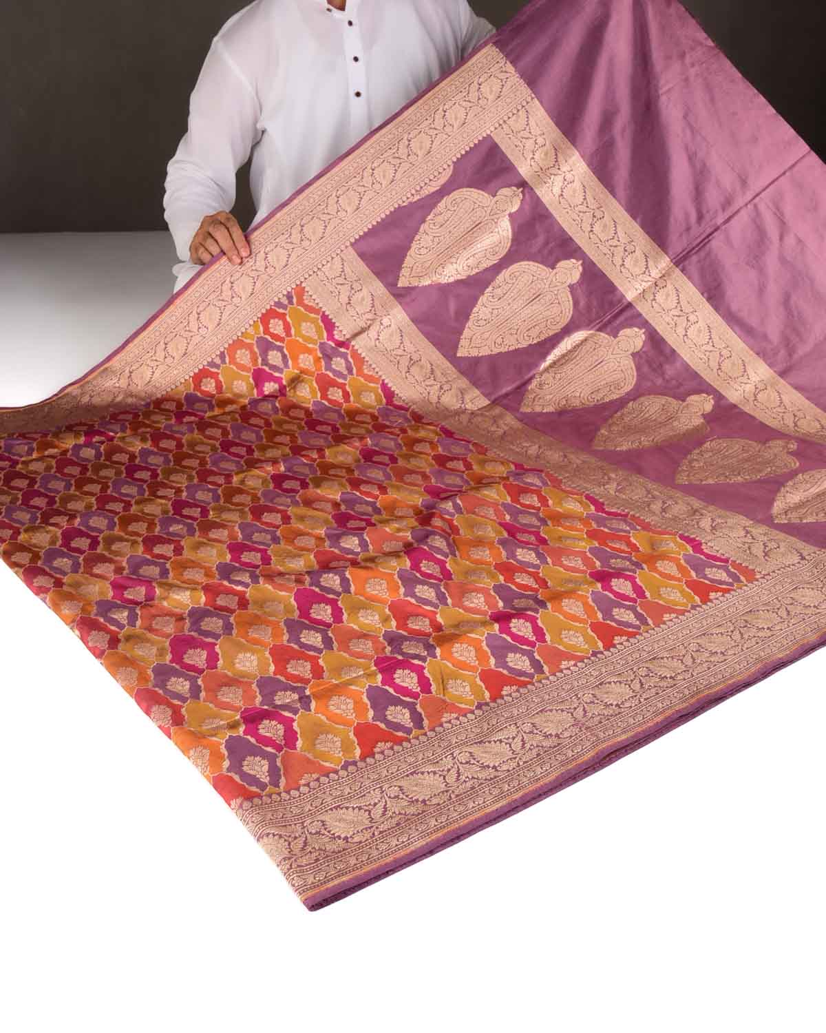 Multi-color Rangkaat-Style Cutwork Brocade Handwoven Katan Silk Banarasi Saree-HolyWeaves