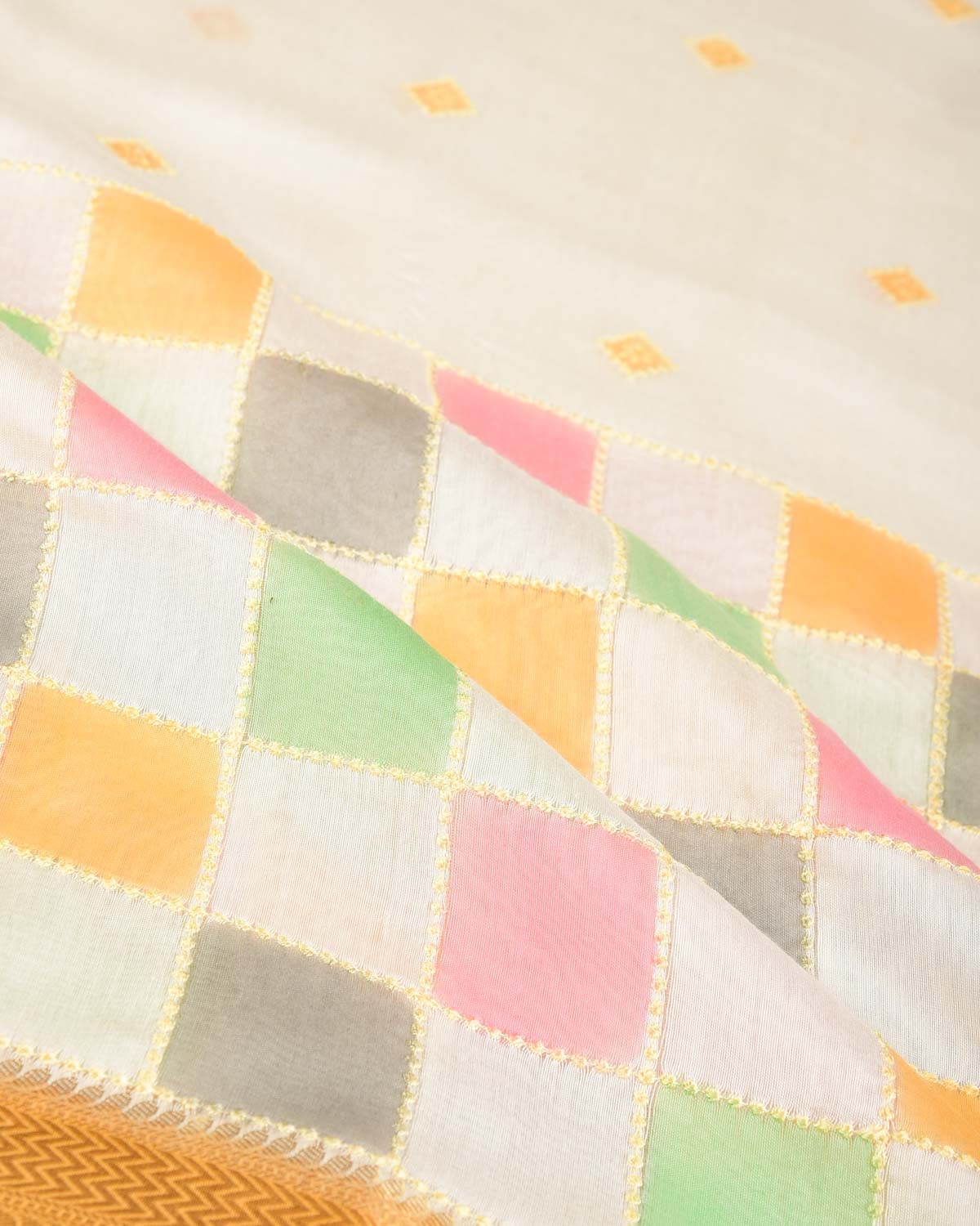 Ivory White Chequered Hand Brush Dye Brocade Cotton Silk Banarasi Saree with Yellow Border Pallu-HolyWeaves