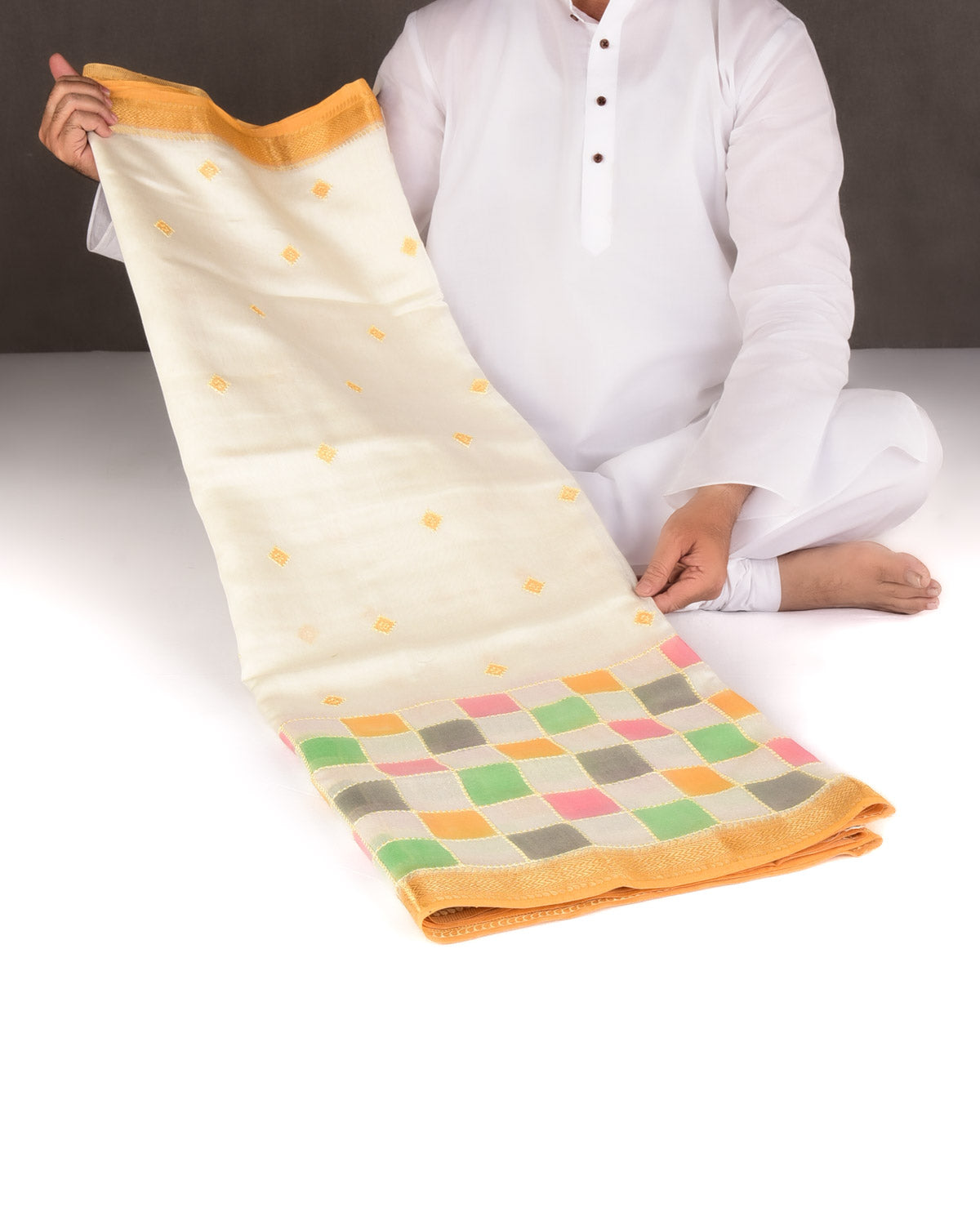 Ivory White Chequered Hand Brush Dye Brocade Cotton Silk Banarasi Saree with Yellow Border Pallu-HolyWeaves