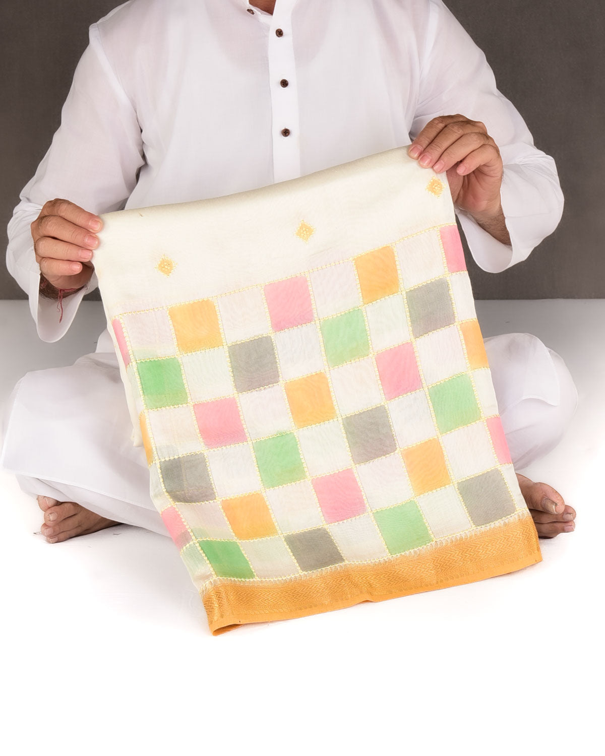 Ivory White Chequered Hand Brush Dye Brocade Cotton Silk Banarasi Saree with Yellow Border Pallu-HolyWeaves