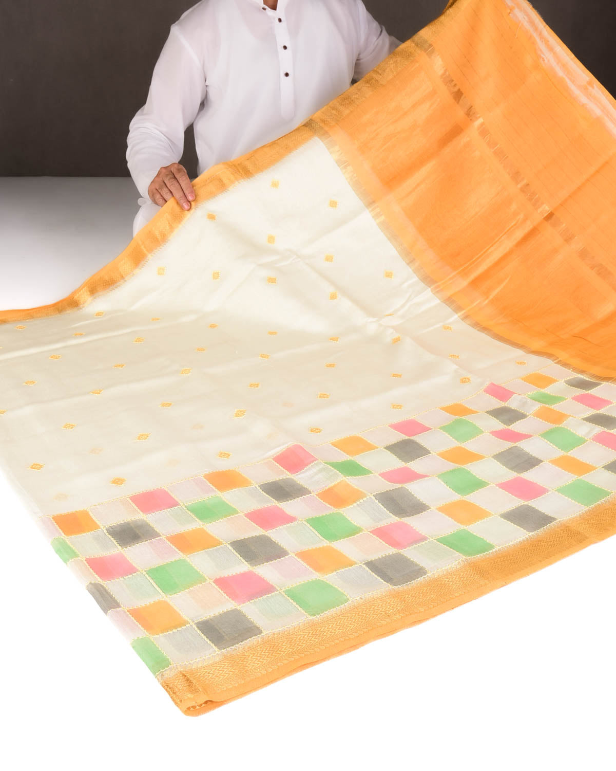 Ivory White Chequered Hand Brush Dye Brocade Cotton Silk Banarasi Saree with Yellow Border Pallu-HolyWeaves