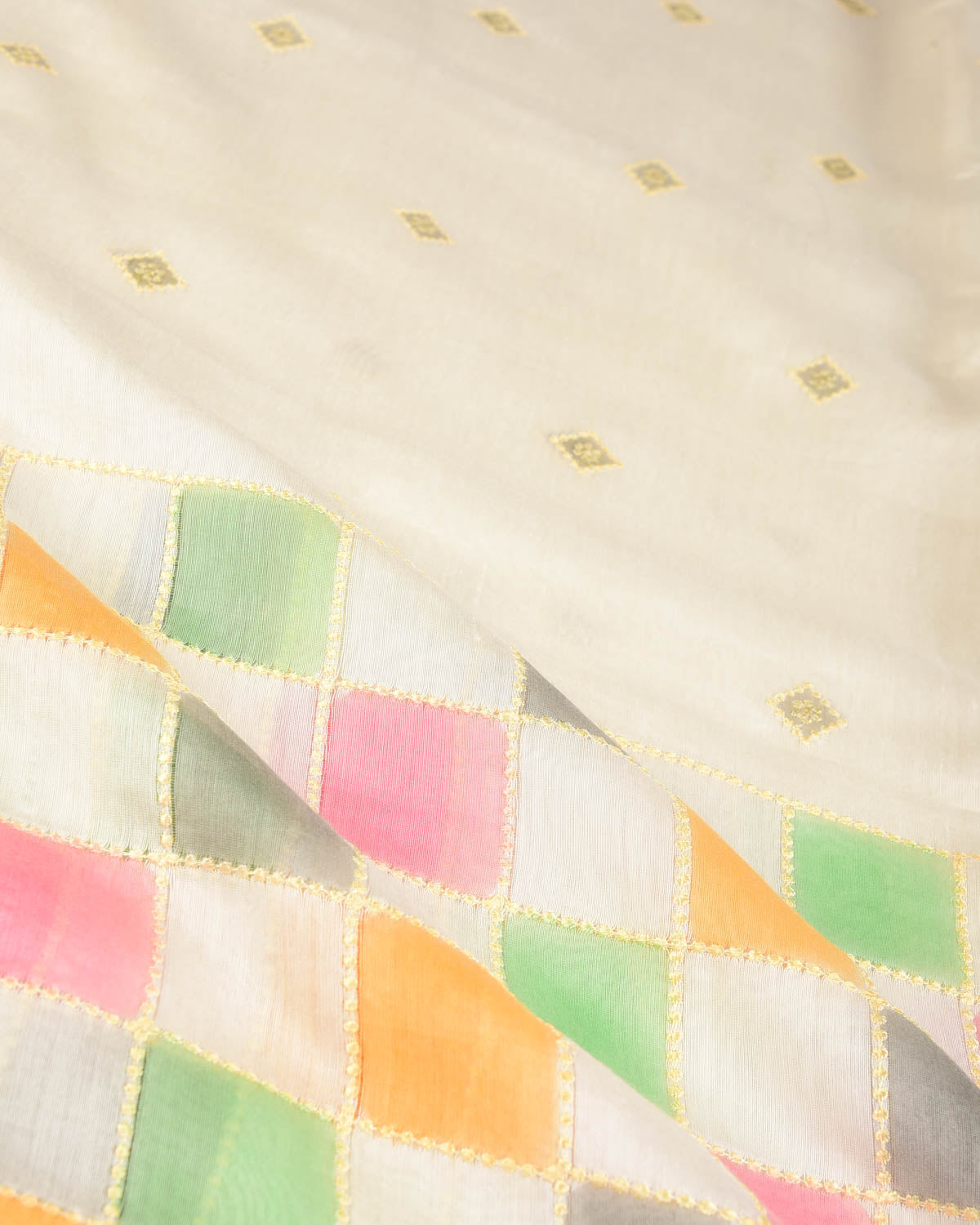 Ivory White Chequered Hand Brush Dye Brocade Cotton Silk Banarasi Saree with Gray Border Pallu-HolyWeaves