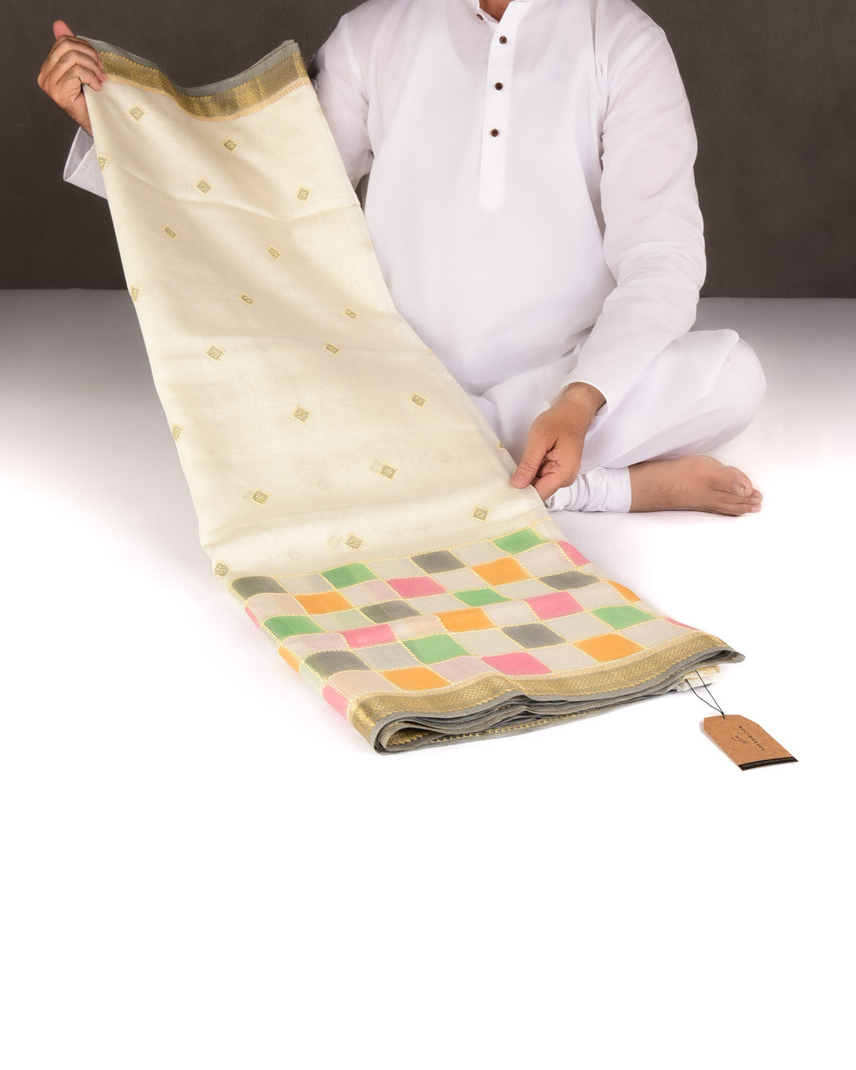 Ivory White Chequered Hand Brush Dye Brocade Cotton Silk Banarasi Saree with Gray Border Pallu-HolyWeaves