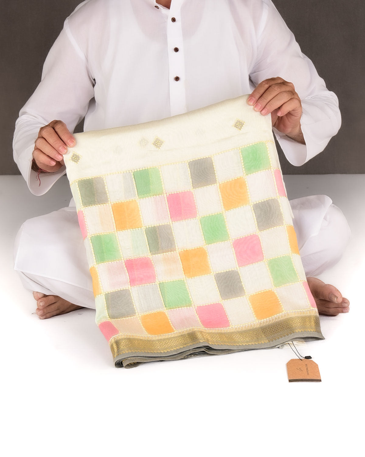 Ivory White Chequered Hand Brush Dye Brocade Cotton Silk Banarasi Saree with Gray Border Pallu-HolyWeaves