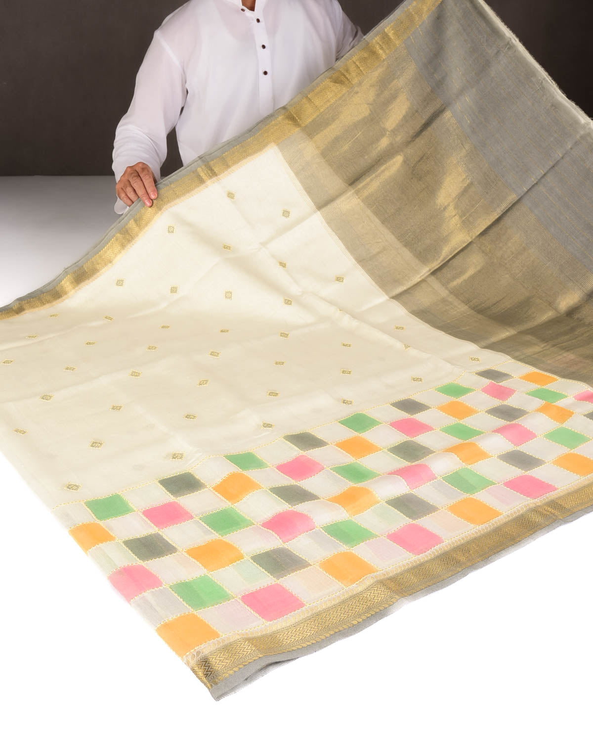 Ivory White Chequered Hand Brush Dye Brocade Cotton Silk Banarasi Saree with Gray Border Pallu-HolyWeaves