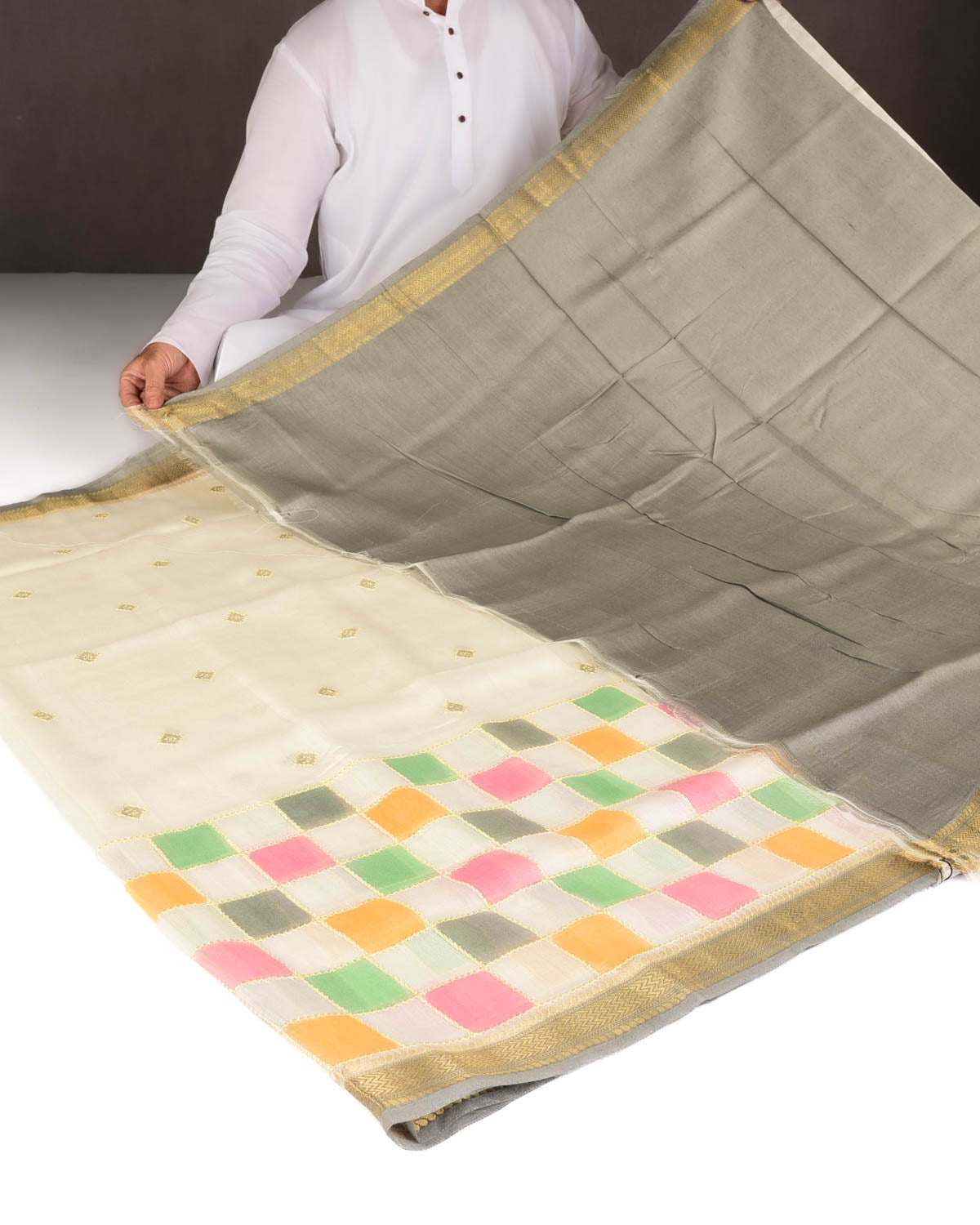 Ivory White Chequered Hand Brush Dye Brocade Cotton Silk Banarasi Saree with Gray Border Pallu-HolyWeaves