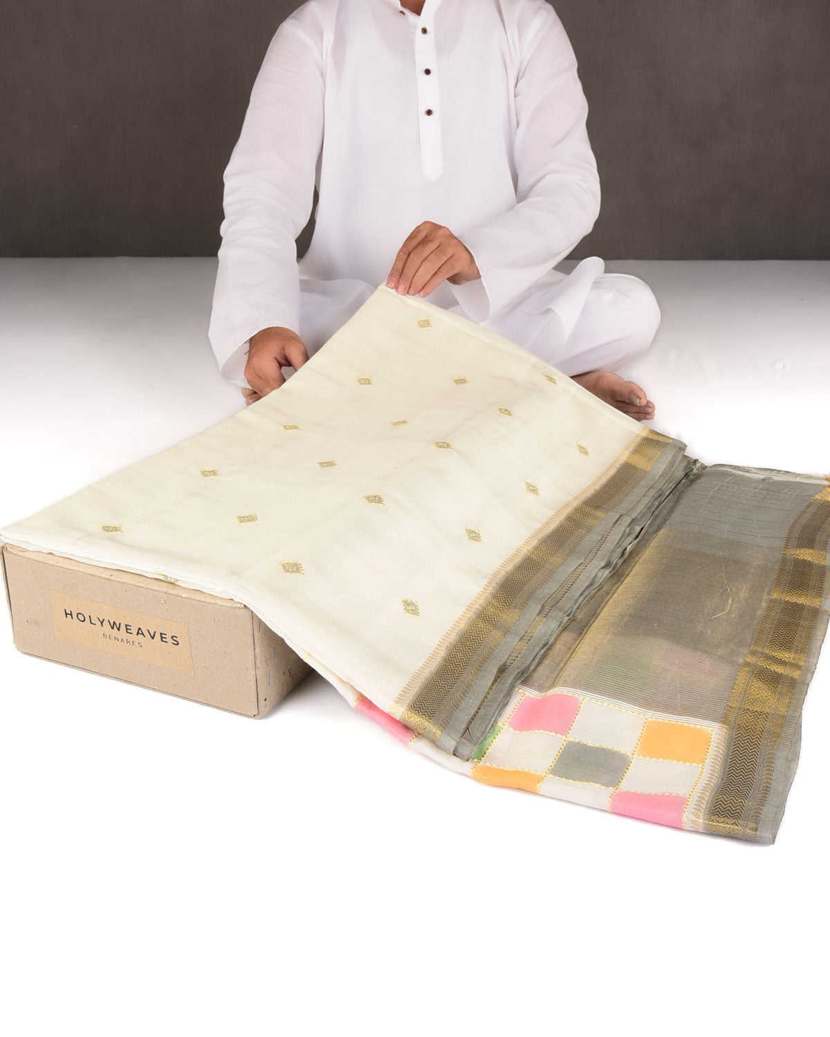 Ivory White Chequered Hand Brush Dye Brocade Cotton Silk Banarasi Saree with Gray Border Pallu-HolyWeaves