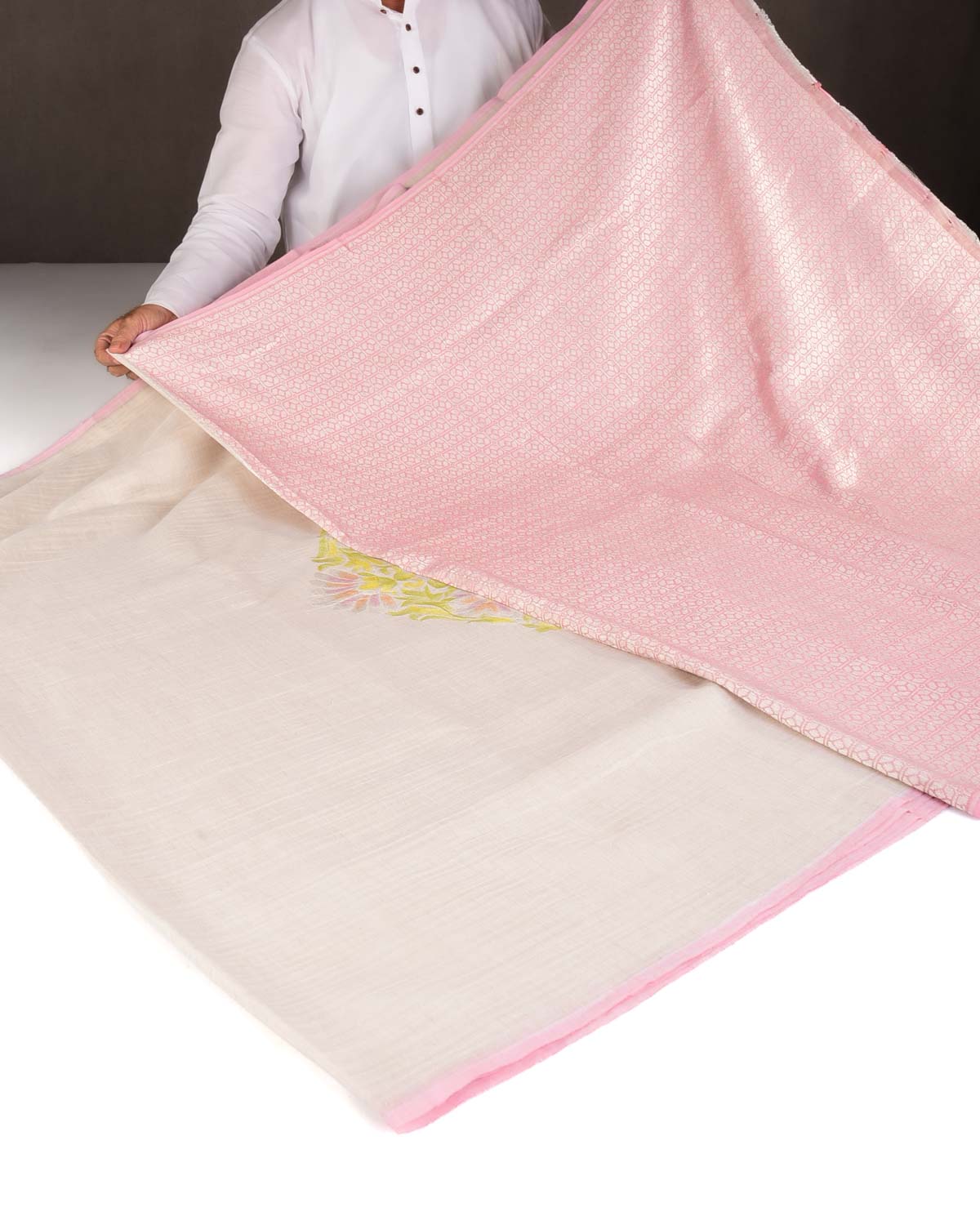 Beige Hand Brushed Big Pallu Cutwork Brocade Woven Tissue Georgette Banarasi Saree-HolyWeaves