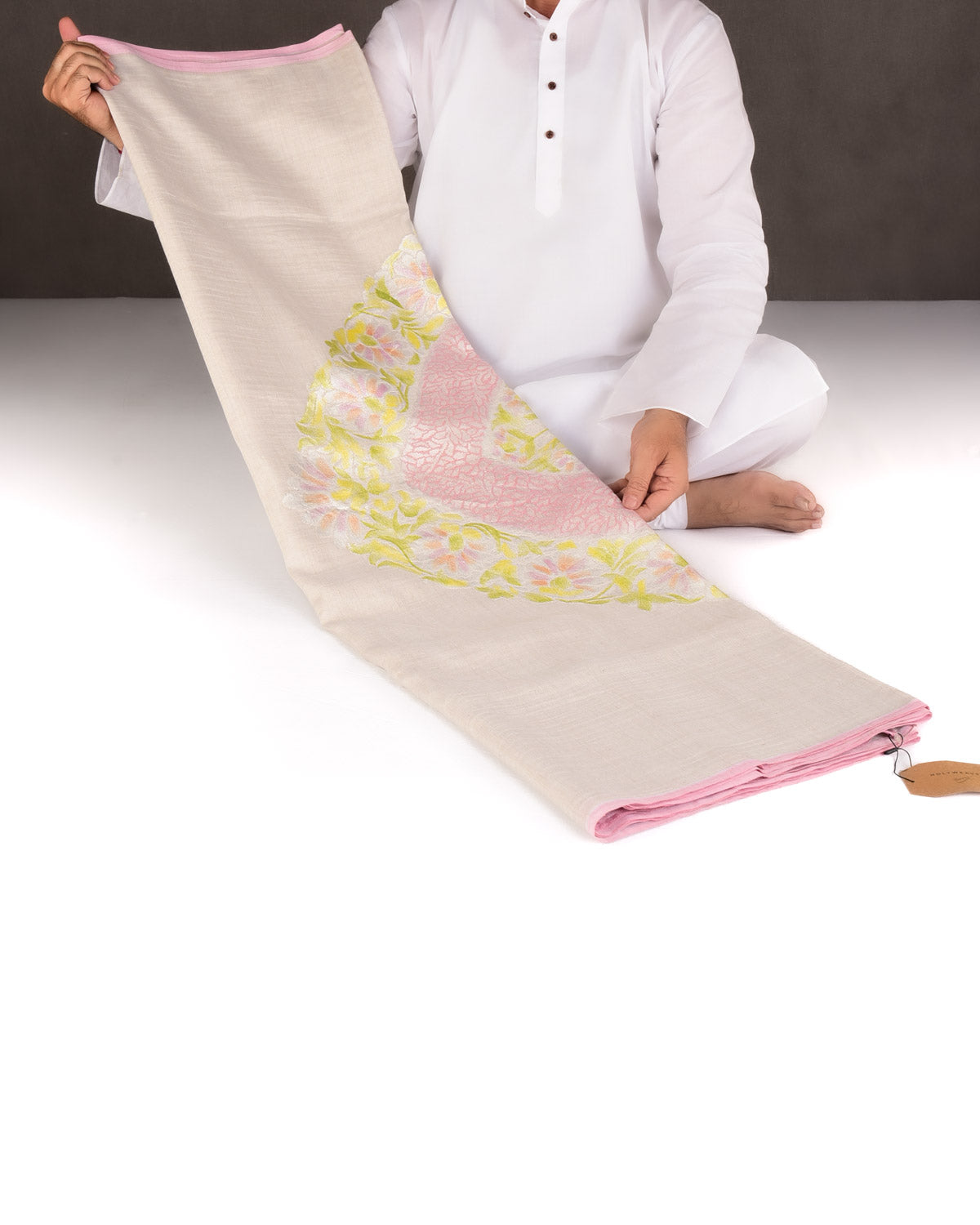 Beige Hand Brushed Big Pallu Cutwork Brocade Woven Tissue Georgette Banarasi Saree-HolyWeaves