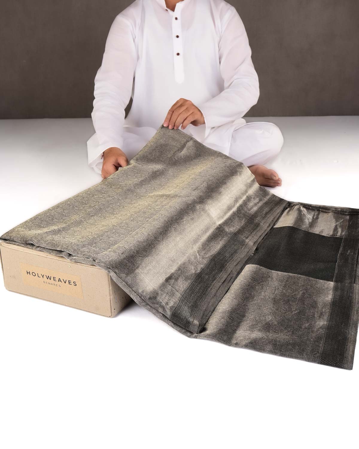 Metallic Silver WATERMARK Spider Web Brocade Handwoven Kora Tissue Banarasi Saree-HolyWeaves