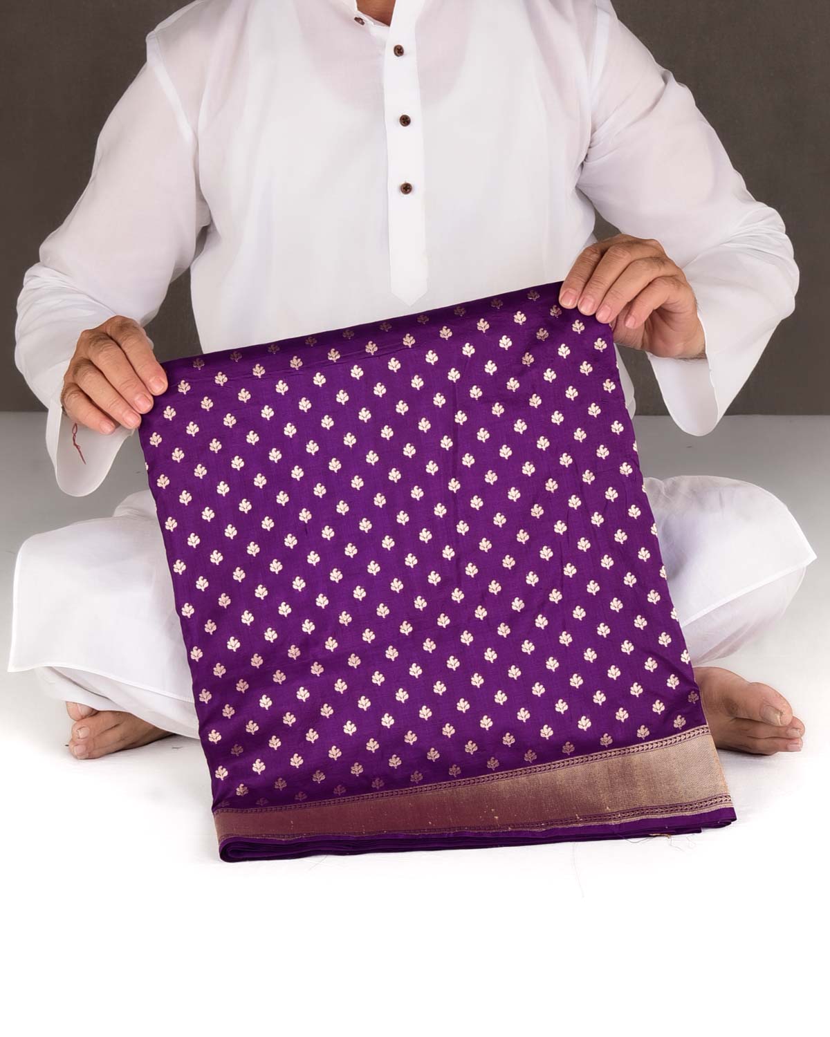 Purple Gold Zari Buti Cutwork Brocade Handwoven Katan Silk Banarasi Saree-HolyWeaves