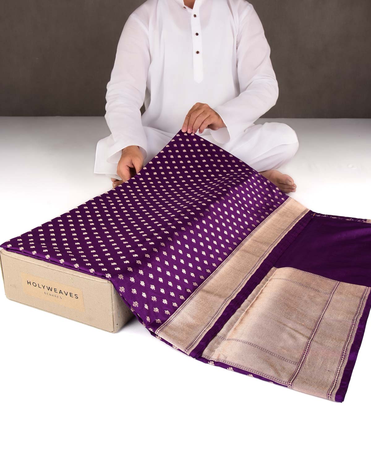 Purple Gold Zari Buti Cutwork Brocade Handwoven Katan Silk Banarasi Saree-HolyWeaves