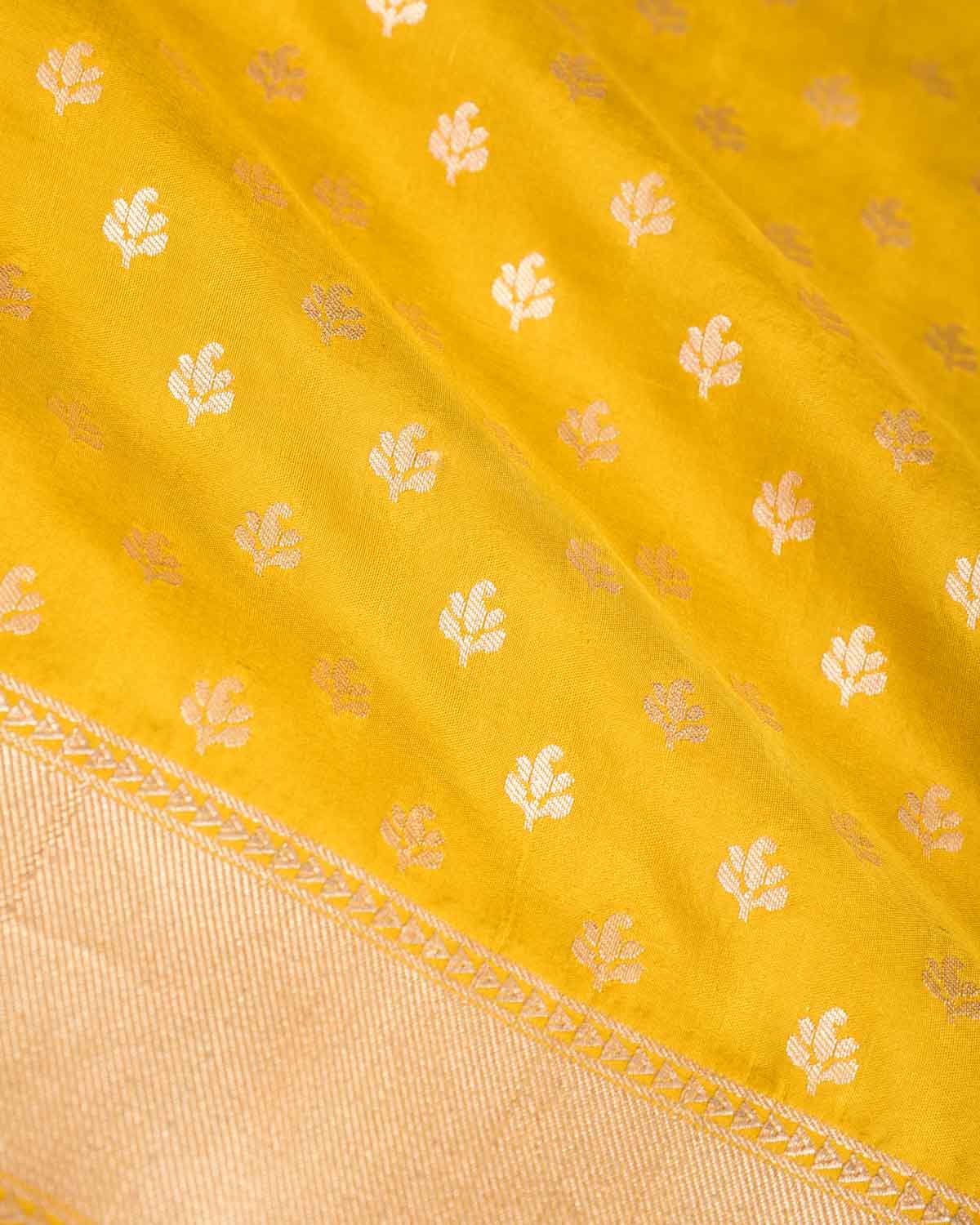 Mustard Yellow Gold Zari Buti Cutwork Brocade Handwoven Katan Silk Banarasi Saree-HolyWeaves