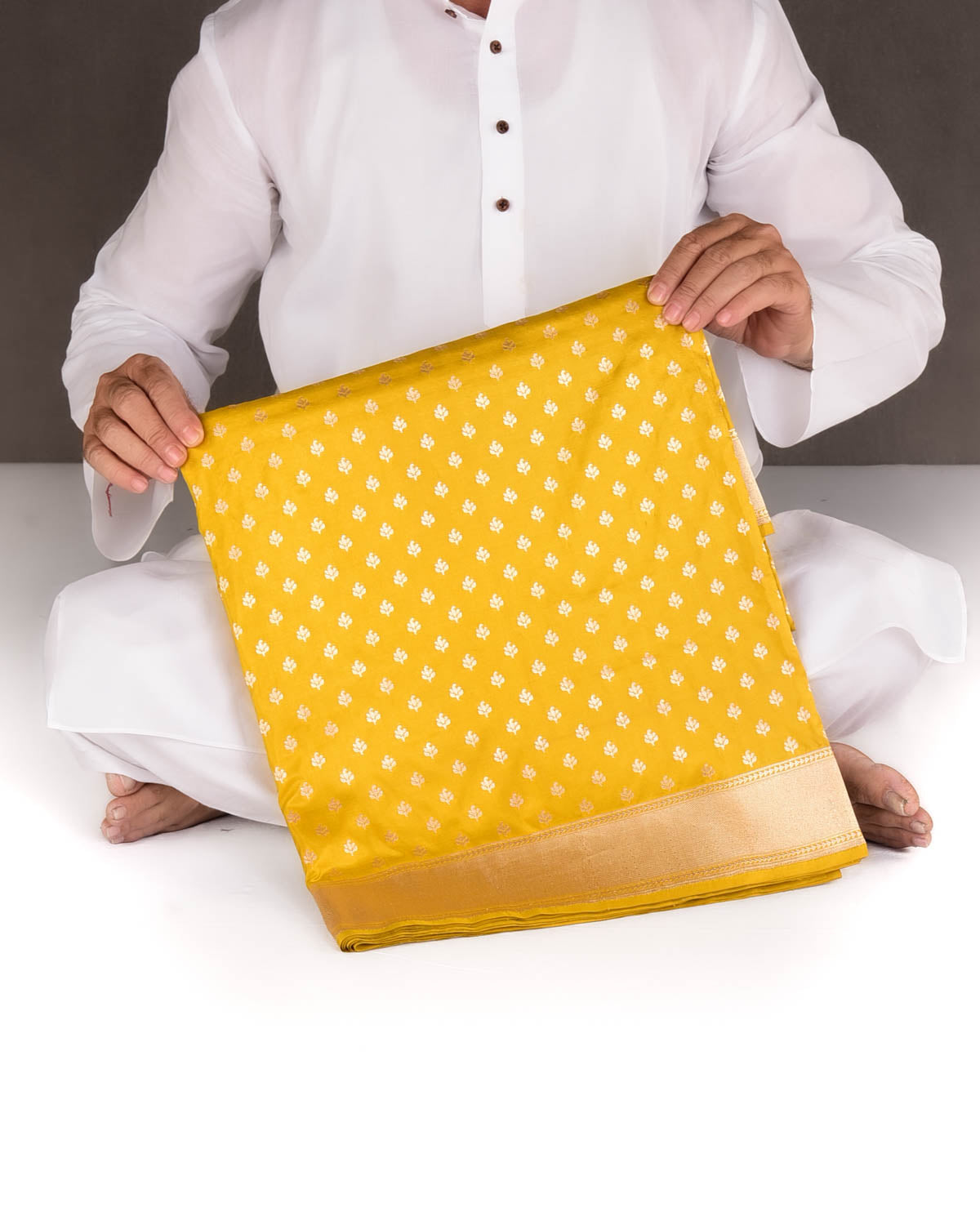 Mustard Yellow Gold Zari Buti Cutwork Brocade Handwoven Katan Silk Banarasi Saree-HolyWeaves