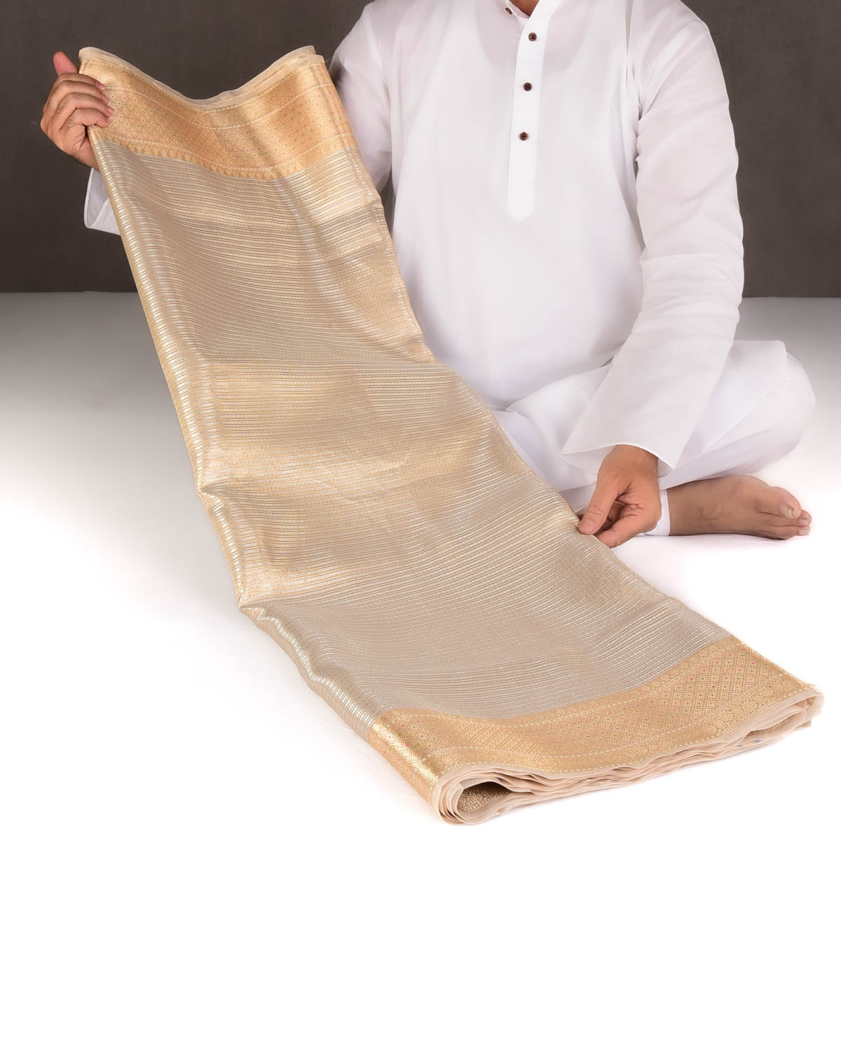 Cream Gold & Silver Zari Contemporary Brocade Woven Kora Tissue Banarasi Saree-HolyWeaves