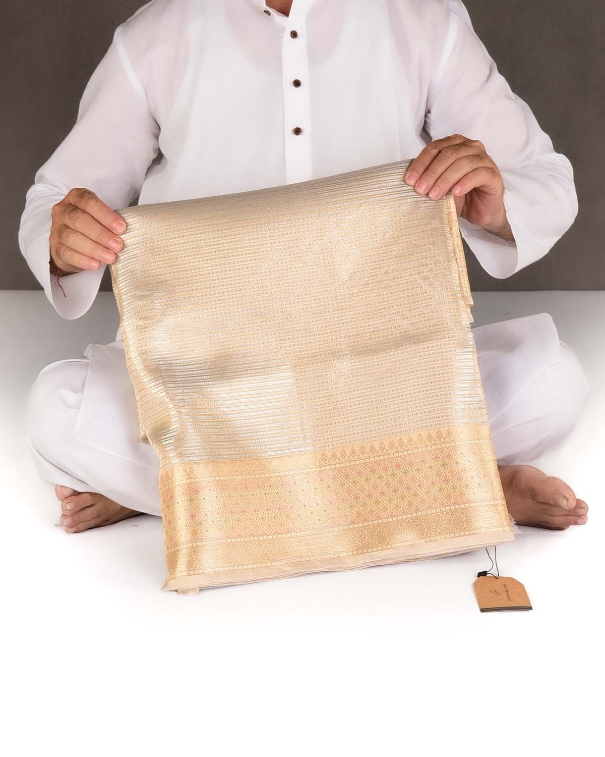 Cream Gold & Silver Zari Contemporary Brocade Woven Kora Tissue Banarasi Saree-HolyWeaves