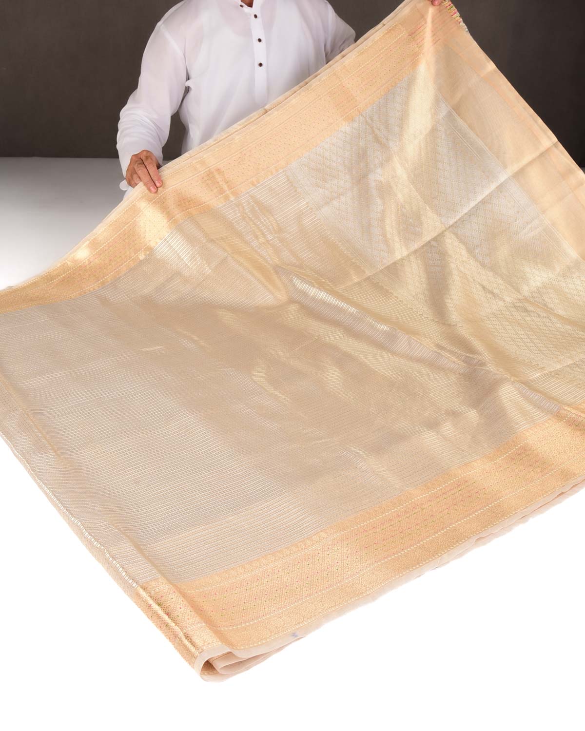 Cream Gold & Silver Zari Contemporary Brocade Woven Kora Tissue Banarasi Saree-HolyWeaves