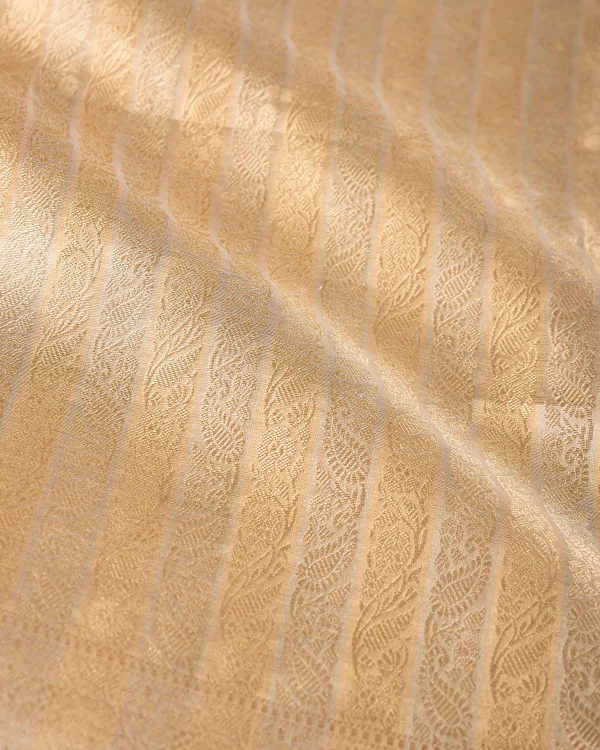 Cream Gold & Silver Zari Ornament Stripes Brocade Woven Kora Tissue Banarasi Saree-HolyWeaves