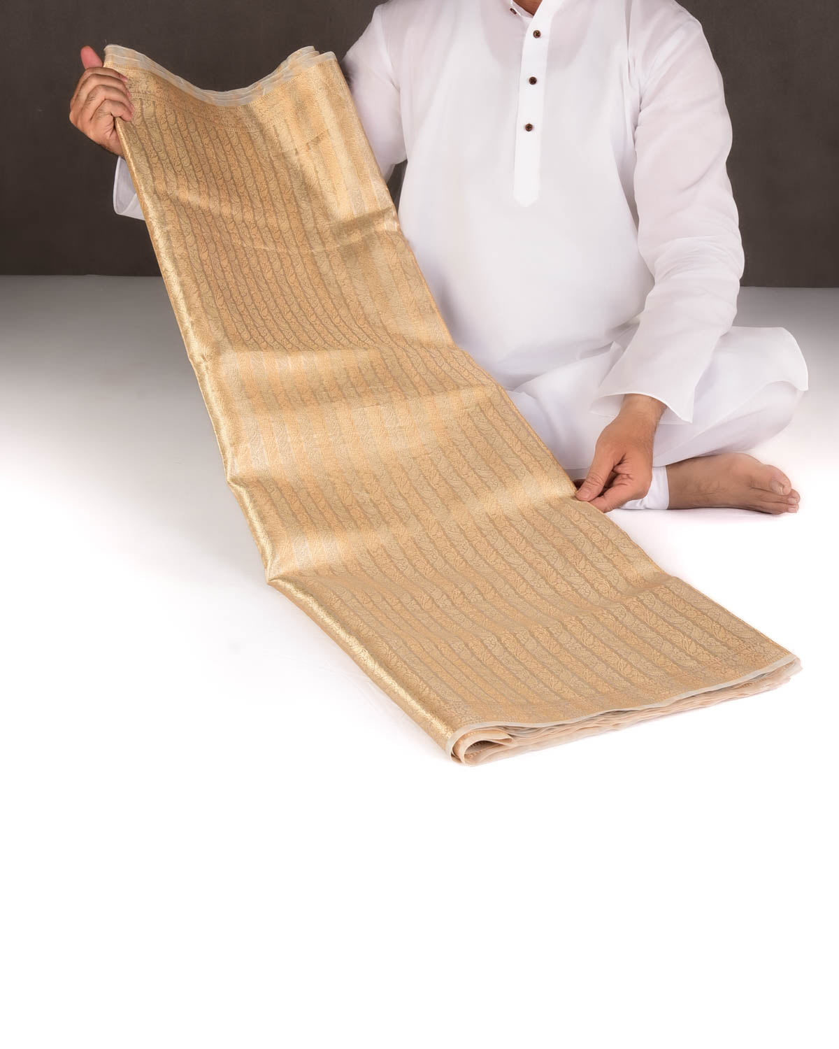 Cream Gold & Silver Zari Ornament Stripes Brocade Woven Kora Tissue Banarasi Saree-HolyWeaves