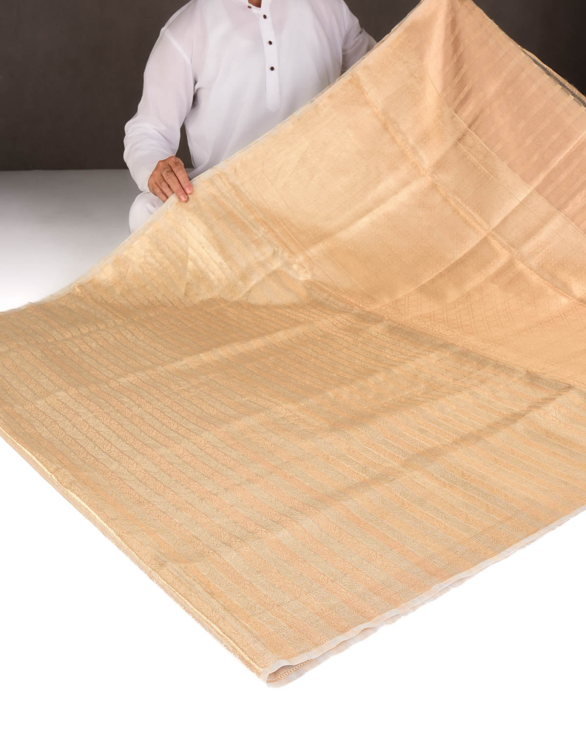 Cream Gold & Silver Zari Ornament Stripes Brocade Woven Kora Tissue Banarasi Saree-HolyWeaves