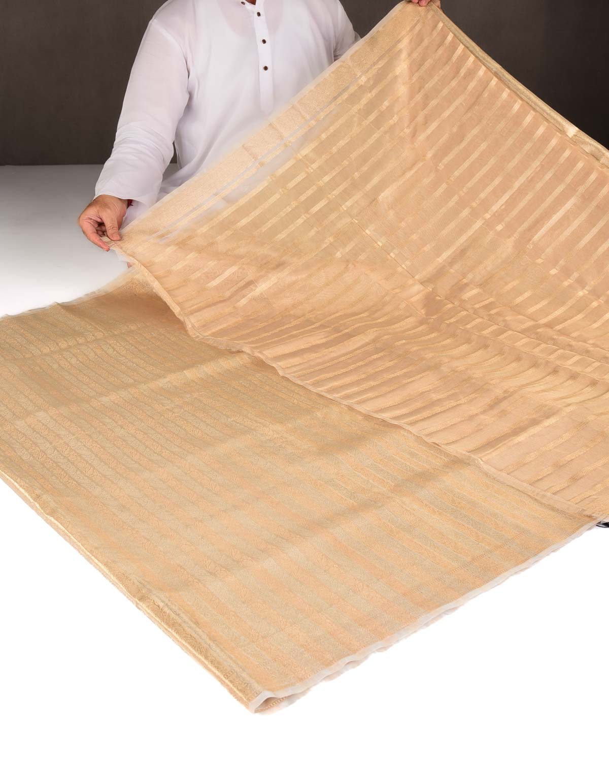 Cream Gold & Silver Zari Ornament Stripes Brocade Woven Kora Tissue Banarasi Saree-HolyWeaves