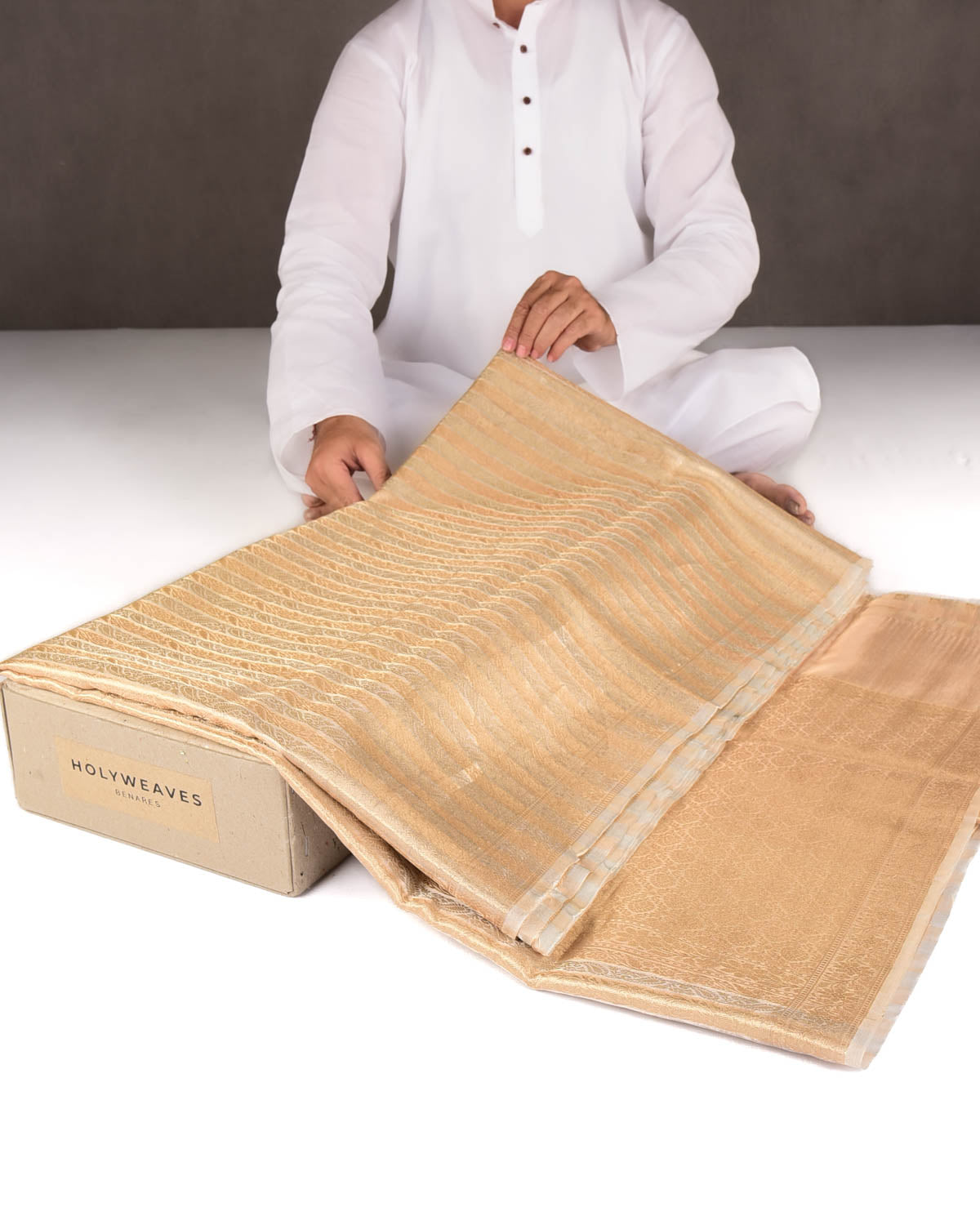 Cream Gold & Silver Zari Ornament Stripes Brocade Woven Kora Tissue Banarasi Saree-HolyWeaves