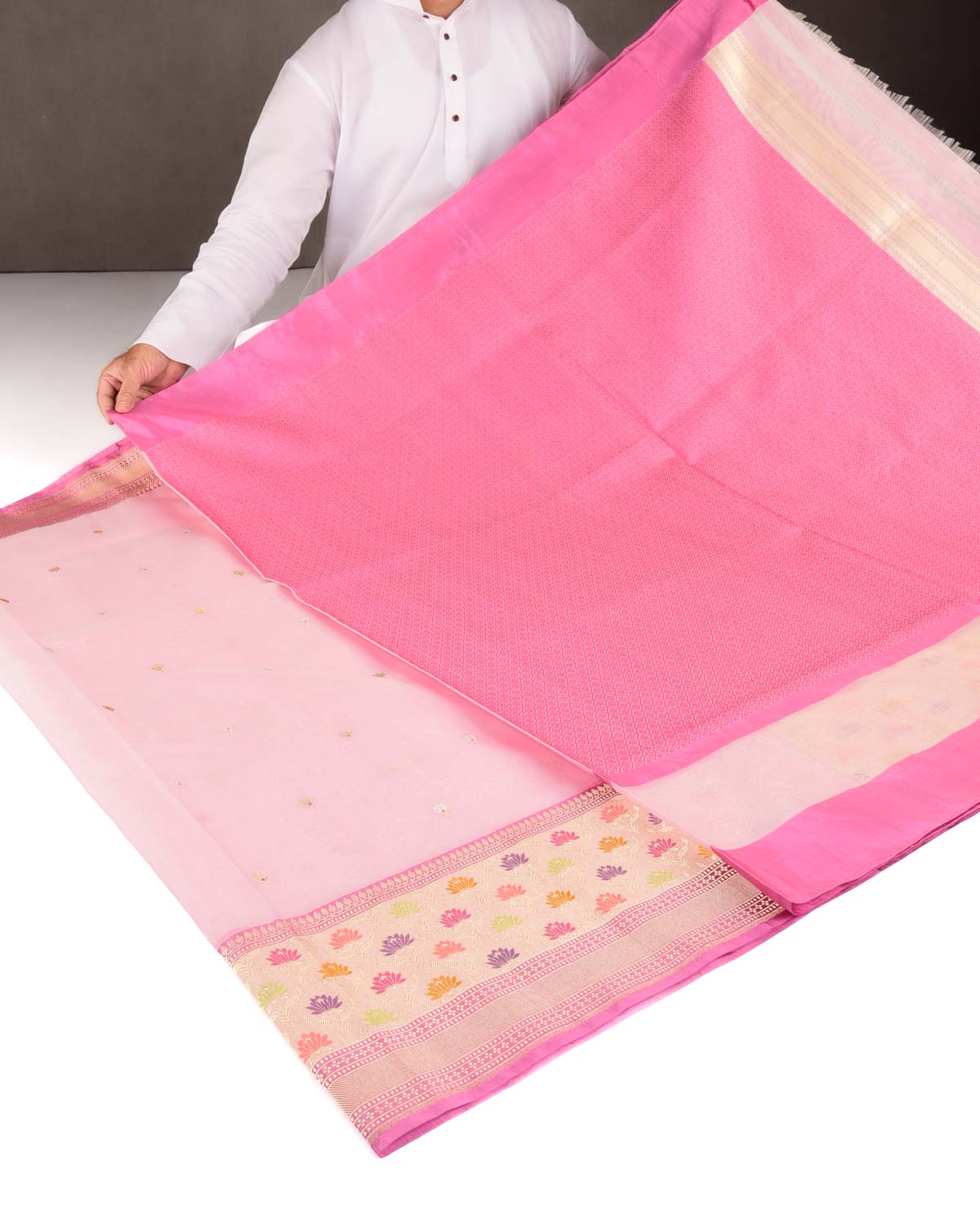 Rose Pink Gold & Silver Zari & Resham Kamal Buti Kadhuan Brocade Handwoven Kora Silk Banarasi Saree with Meenekari Border Pallu
