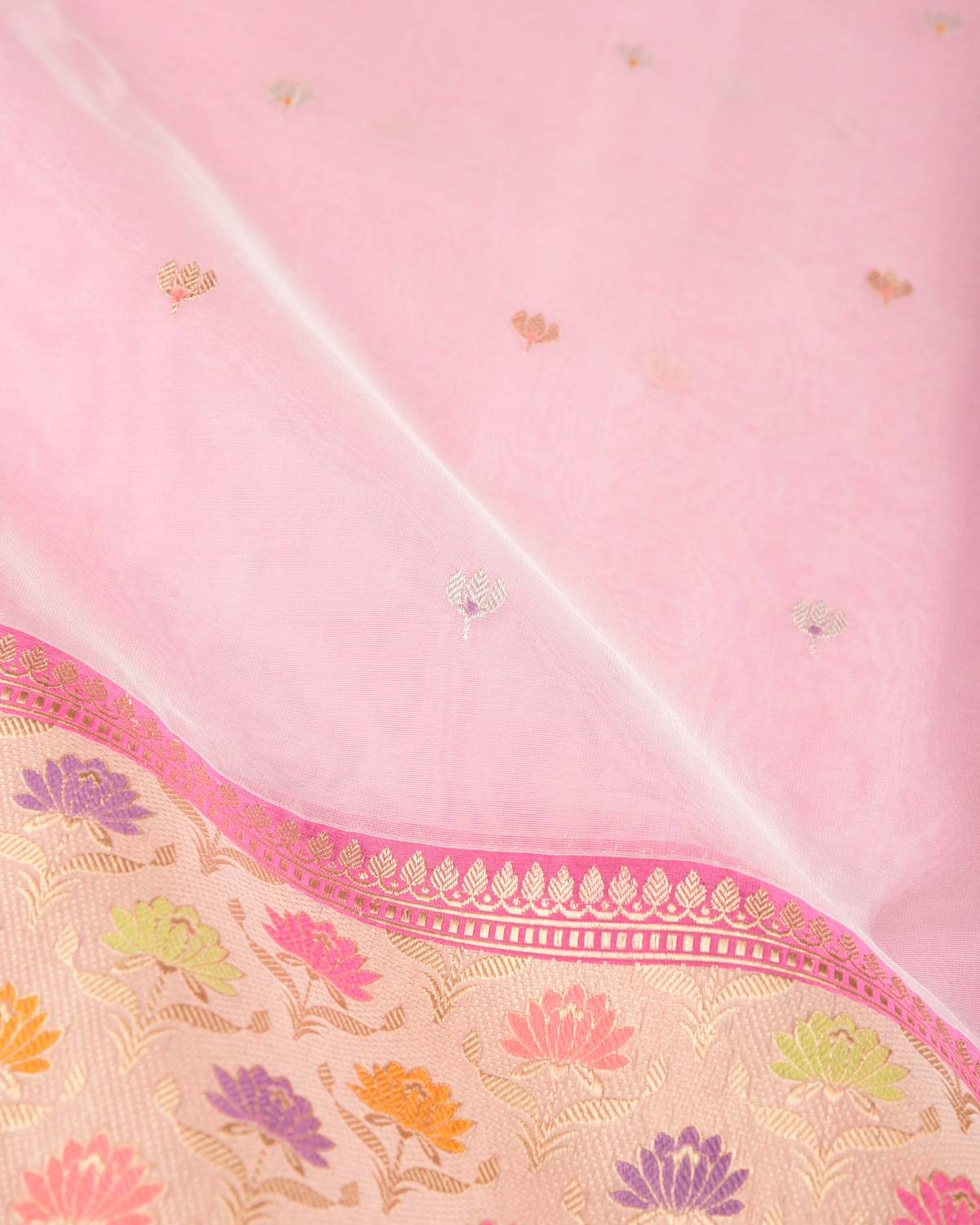 Rose Pink Gold & Silver Zari & Resham Kamal Buti Kadhuan Brocade Handwoven Kora Silk Banarasi Saree with Meenekari Border Pallu