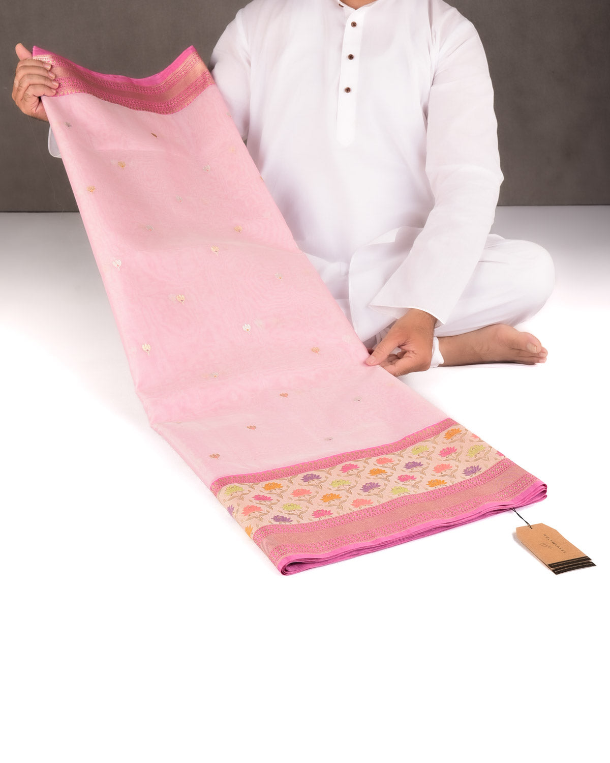 Rose Pink Gold & Silver Zari & Resham Kamal Buti Kadhuan Brocade Handwoven Kora Silk Banarasi Saree with Meenekari Border Pallu