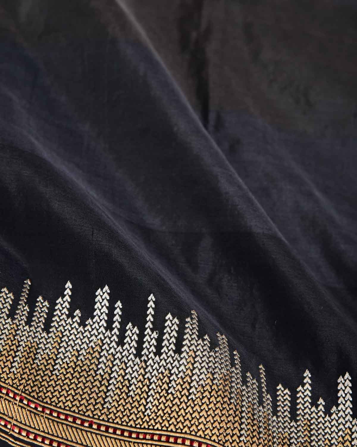 Ombre Black Kadhuan Brocade Handwoven Katan Silk Banarasi Saree with Gold & Silver Zari Border Pallu-HolyWeaves