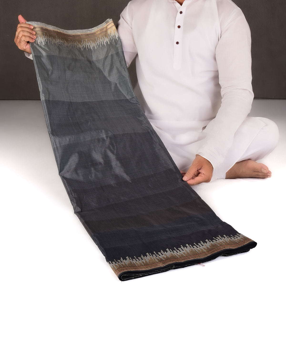 Ombre Black Kadhuan Brocade Handwoven Katan Silk Banarasi Saree with Gold & Silver Zari Border Pallu-HolyWeaves