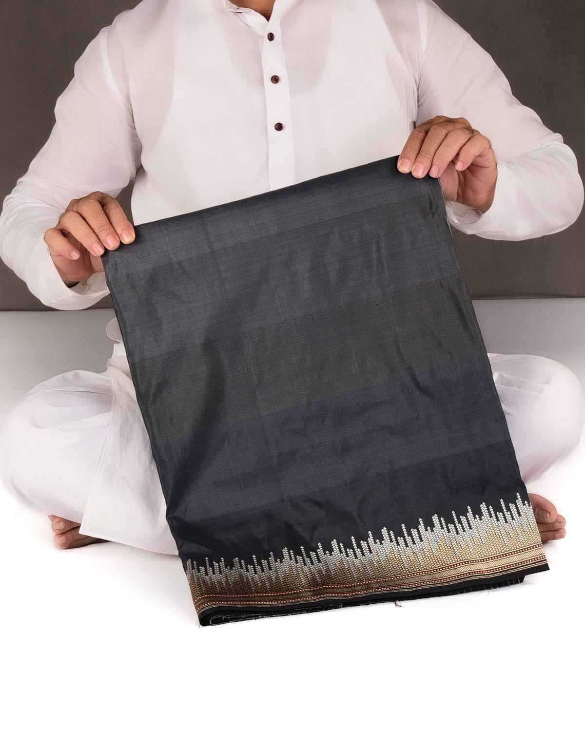 Ombre Black Kadhuan Brocade Handwoven Katan Silk Banarasi Saree with Gold & Silver Zari Border Pallu-HolyWeaves