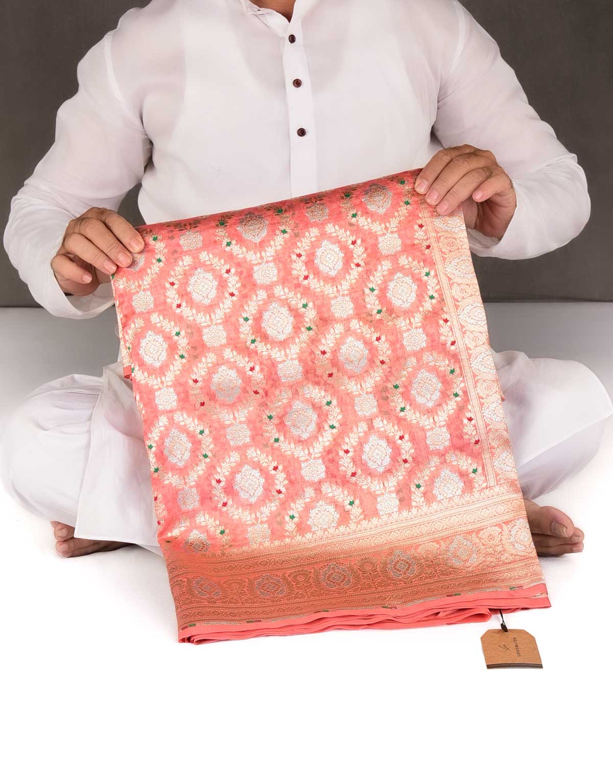 Peach Gold & Silver Zari & Meenekari Cutwork Brocade Woven Kora Silk Banarasi Saree-HolyWeaves