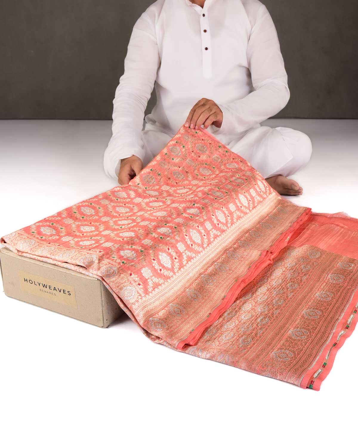 Peach Gold & Silver Zari & Meenekari Cutwork Brocade Woven Kora Silk Banarasi Saree-HolyWeaves