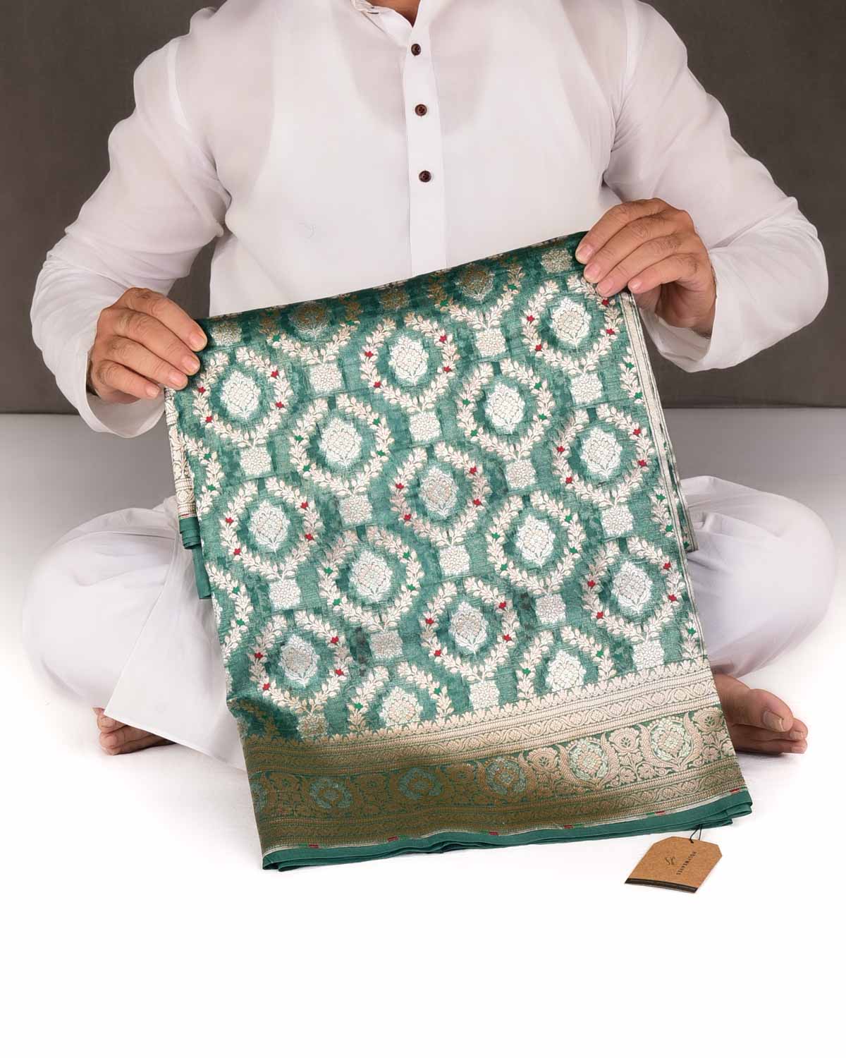 Teal Blue Gold & Silver Zari & Meenekari Cutwork Brocade Woven Kora Silk Banarasi Saree
