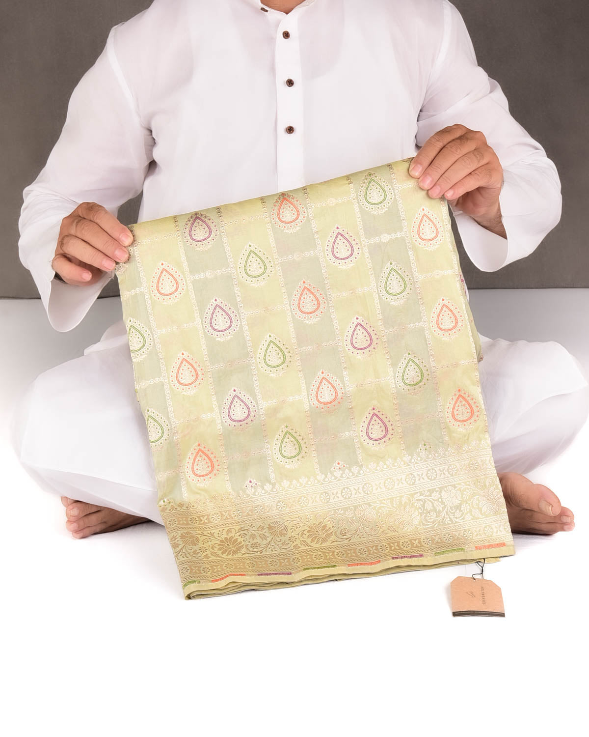 Variegated Laurel Green Gold Zari & Meenekari Cutwork Brocade Handwoven Katan Silk Banarasi Saree-HolyWeaves